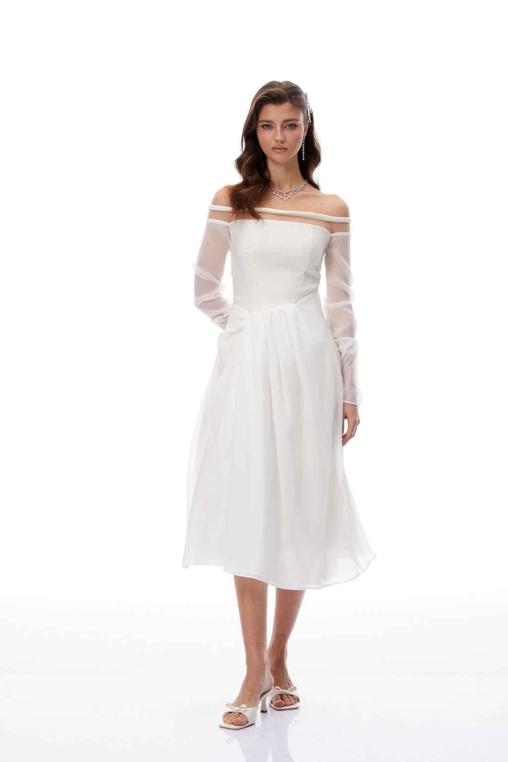 Gelsomina White Gathered Crepe Midi Dress (Final Sale-US Only)