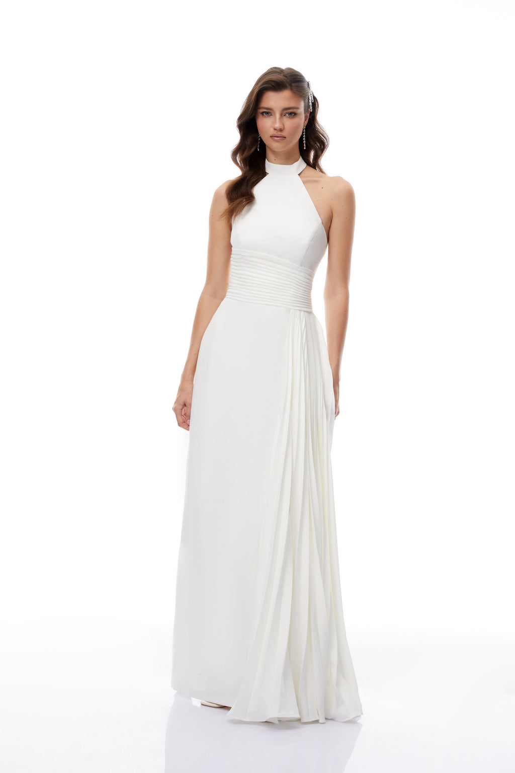 Lydia White Halterneck Asymmetrical Pleated Maxi Dress (Final Sale-US Only)