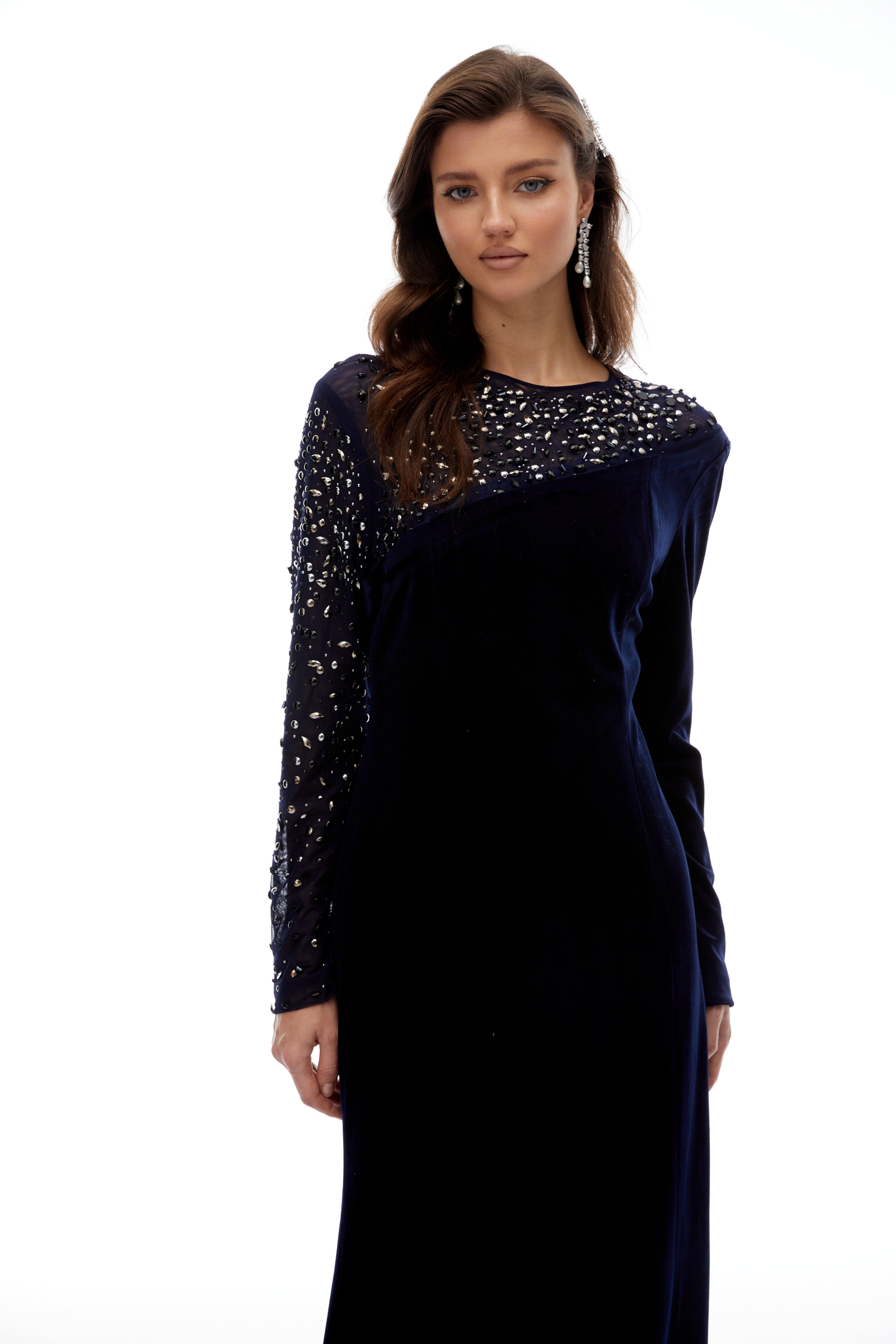 Rosemary Blue Embellished Velvet Maxi Gown(Final Sale-US Only)