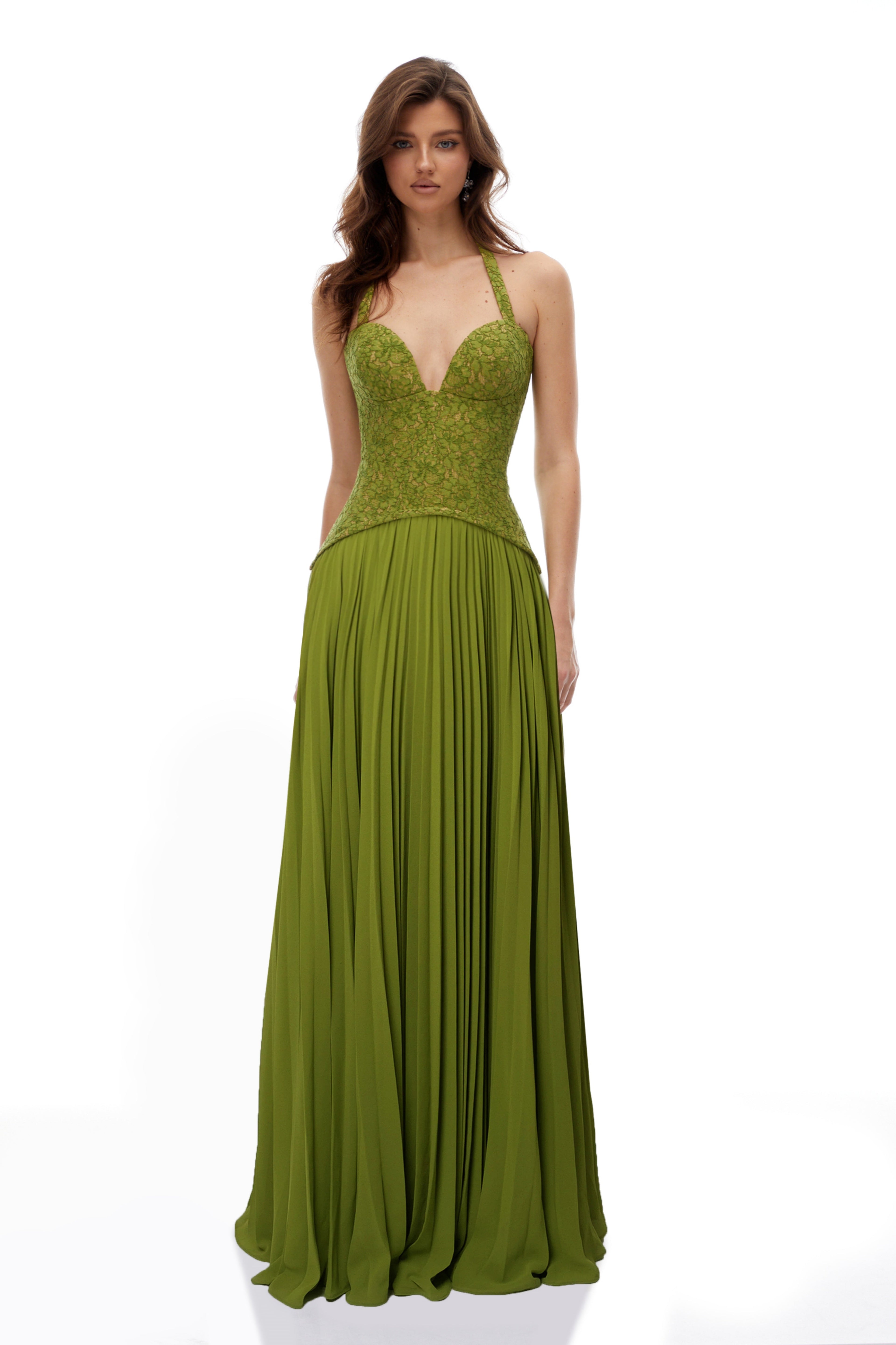 Vestido de novia Ronja Emerald con corsé y falda larga, en color verde esmeralda, con detalles elegantes y ajustados.