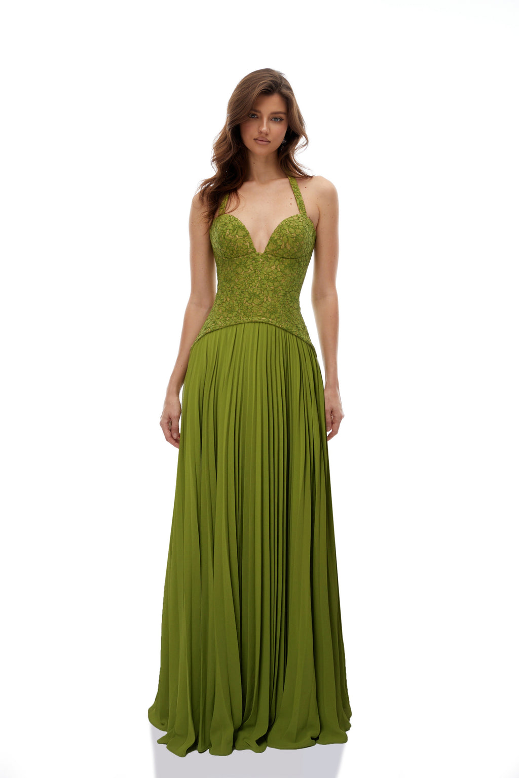Vestido de novia Ronja Emerald con corsé y falda larga en color verde esmeralda, detalles elegantes y ajustados.