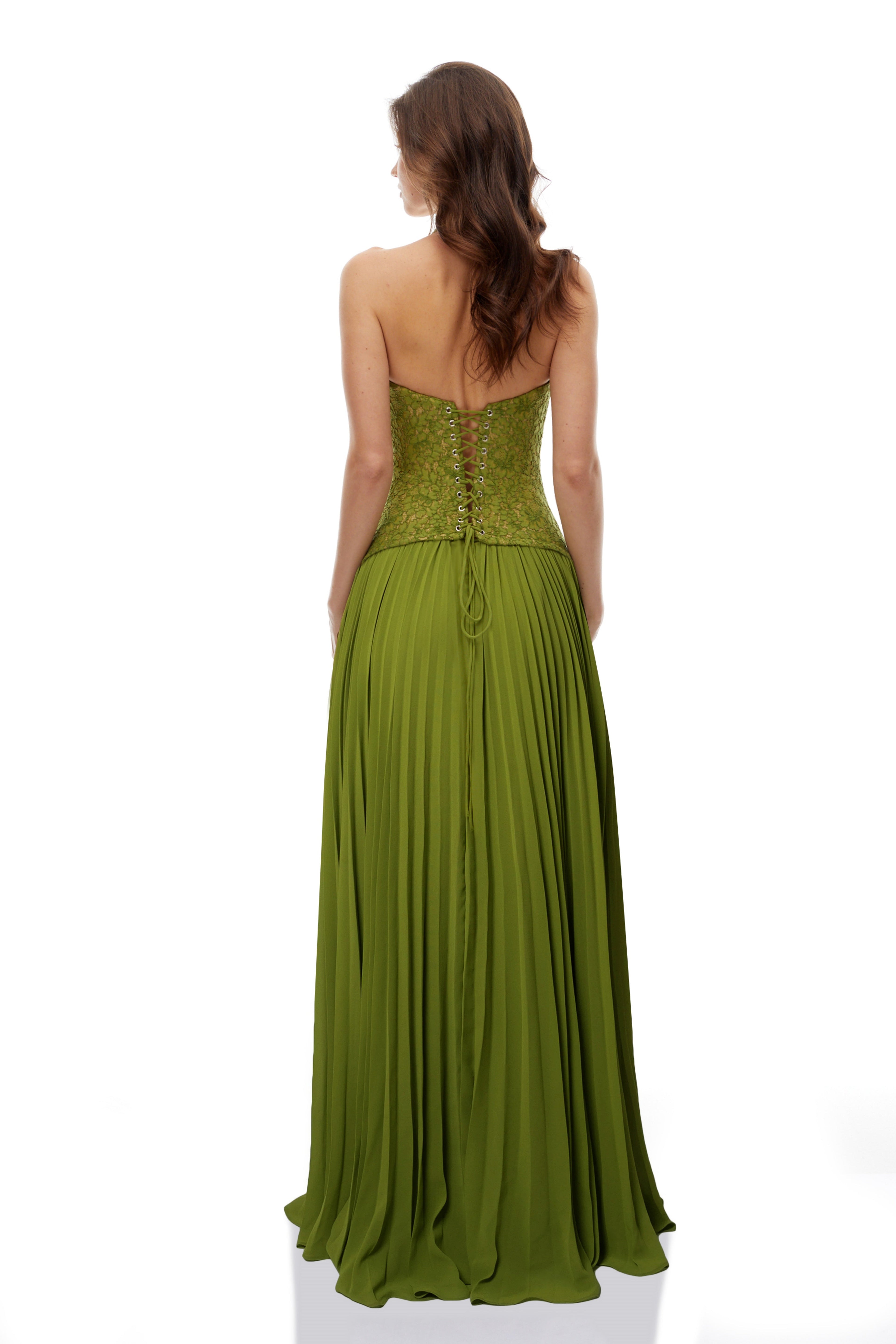 Vestido de noche Ronja Emerald de MRParis, vestido de corsé largo con tela verde esmeralda y detalles elegantes.