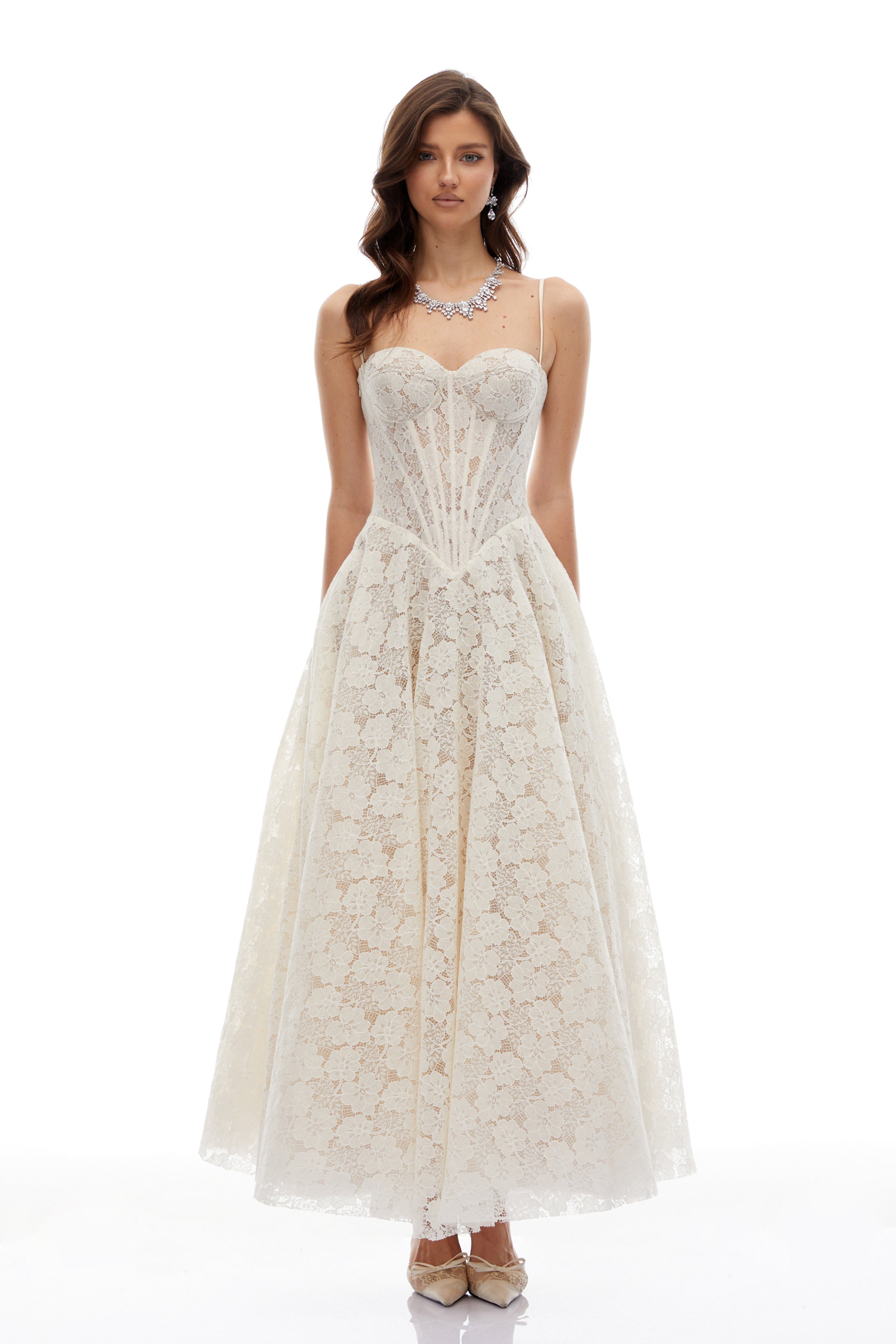 Celina White Lace Corset Maxi Dress