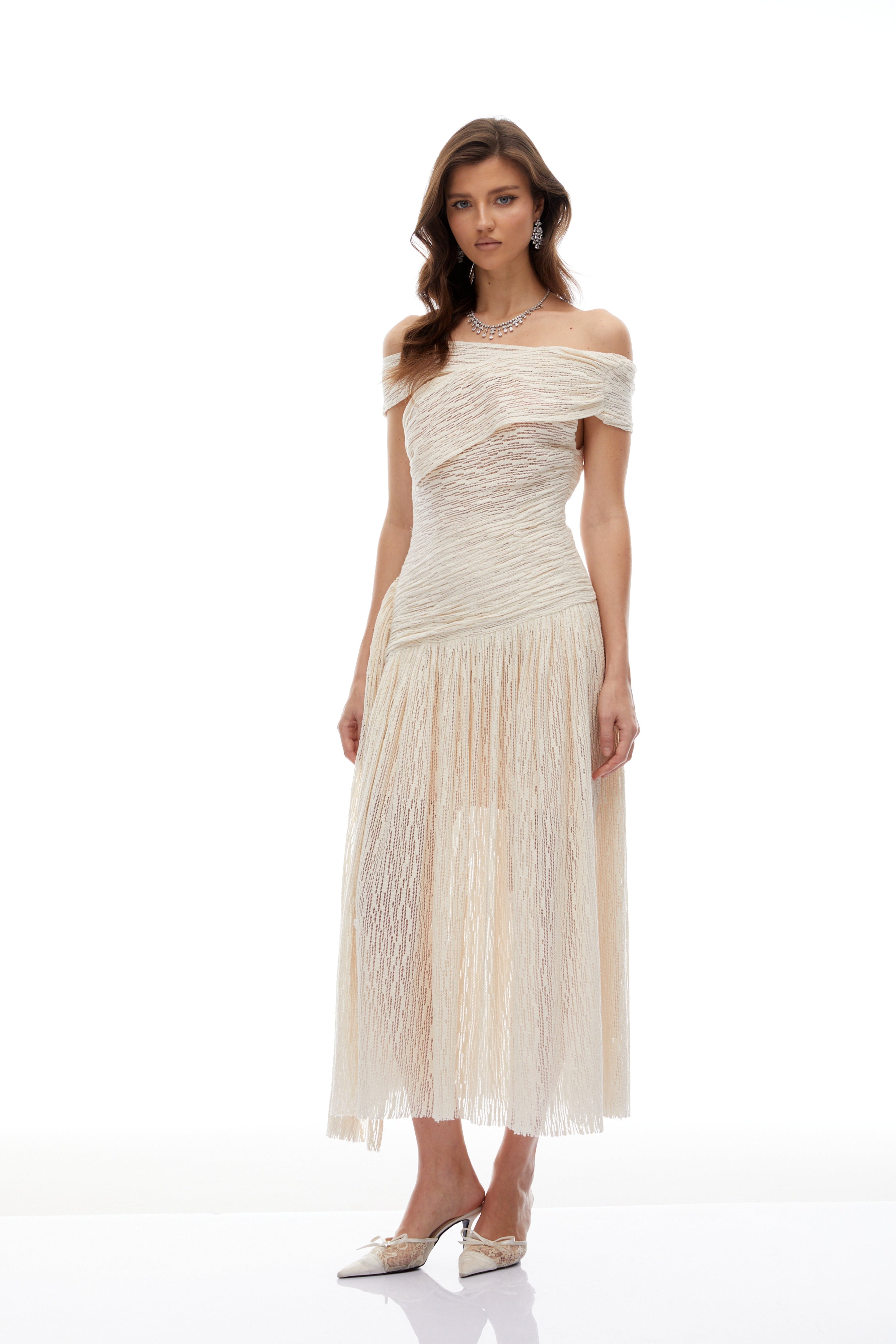 Thale Neutral Asymmetrical Textured Ruched Midi Dress