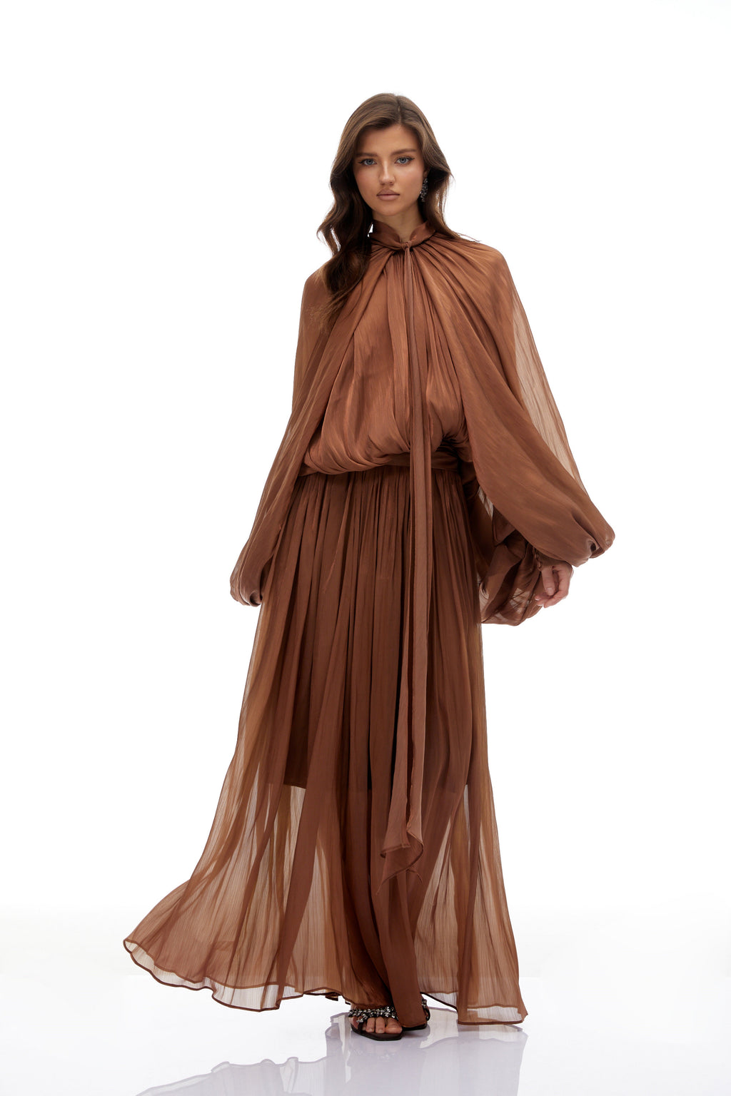 Mila Brown Pleated Satin Maxi Dress (Final Sale-US Only)