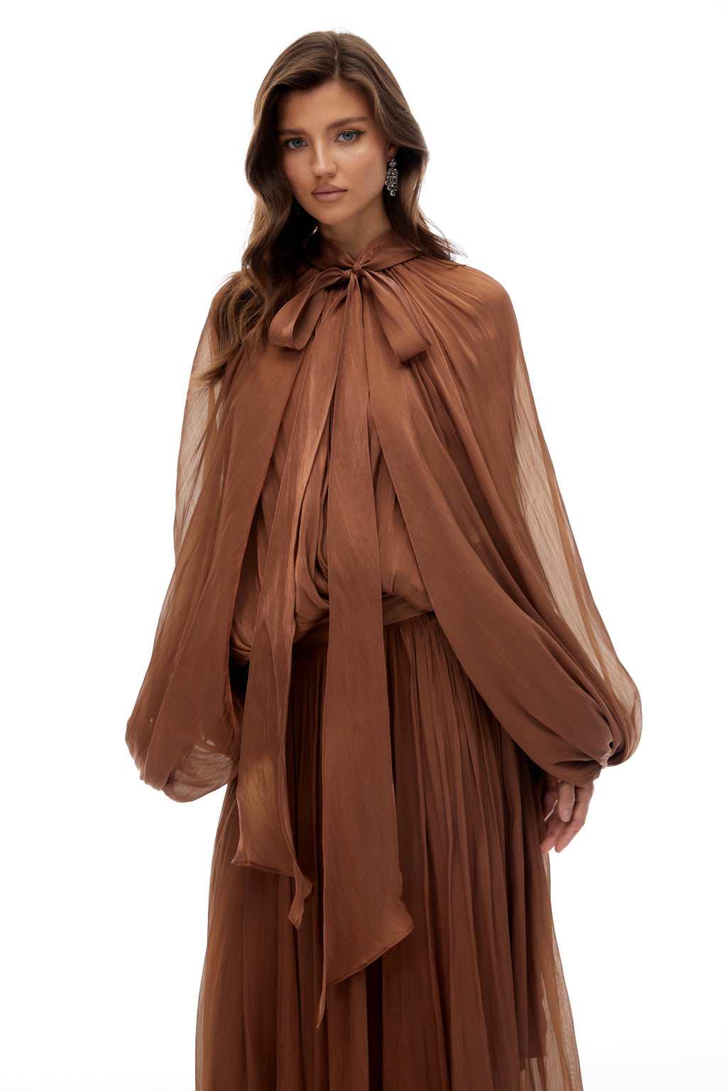 Mila Brown Pleated Satin Maxi Dress (Final Sale-US Only)