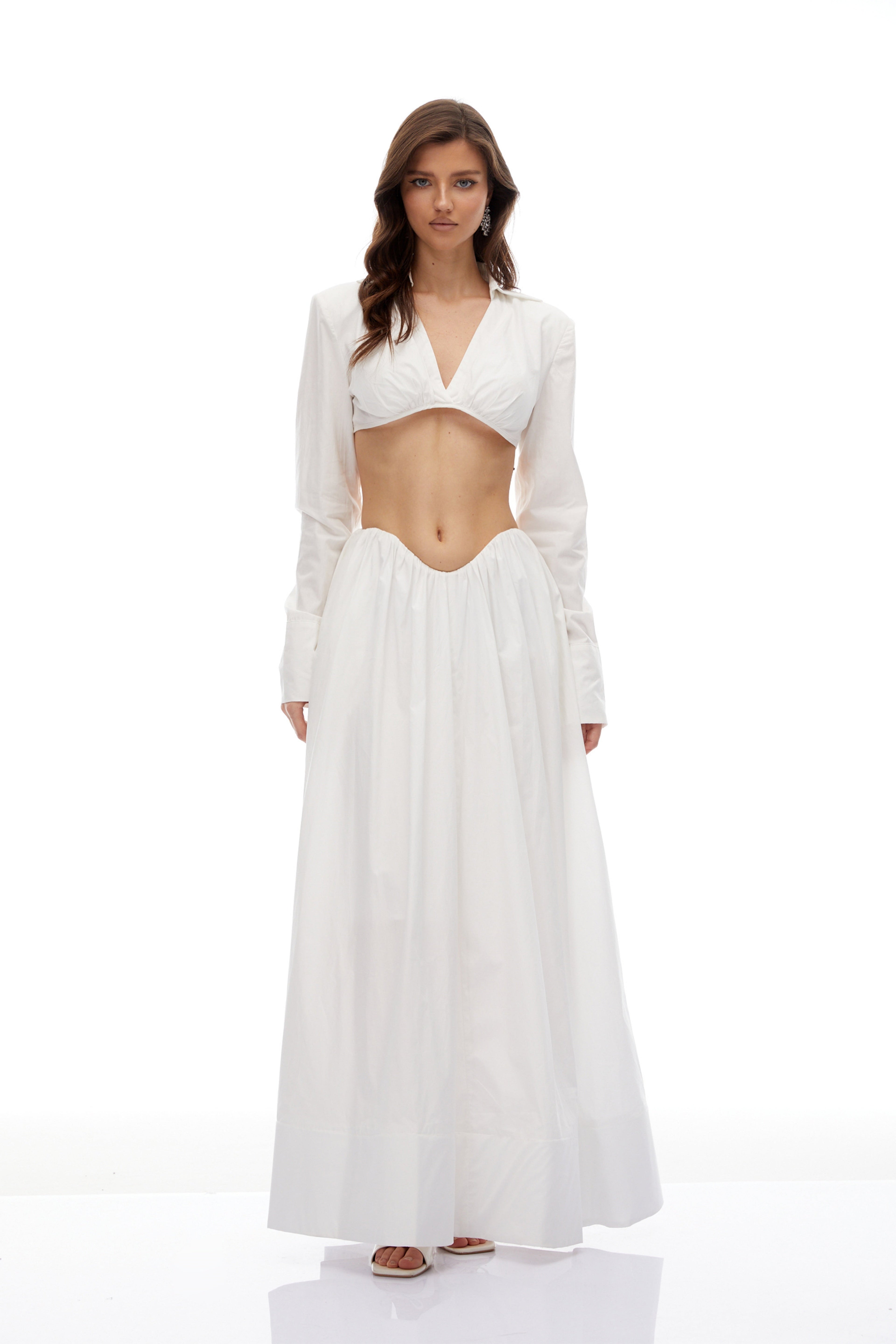 Caterina White Shirred Shirt & Skirt Set