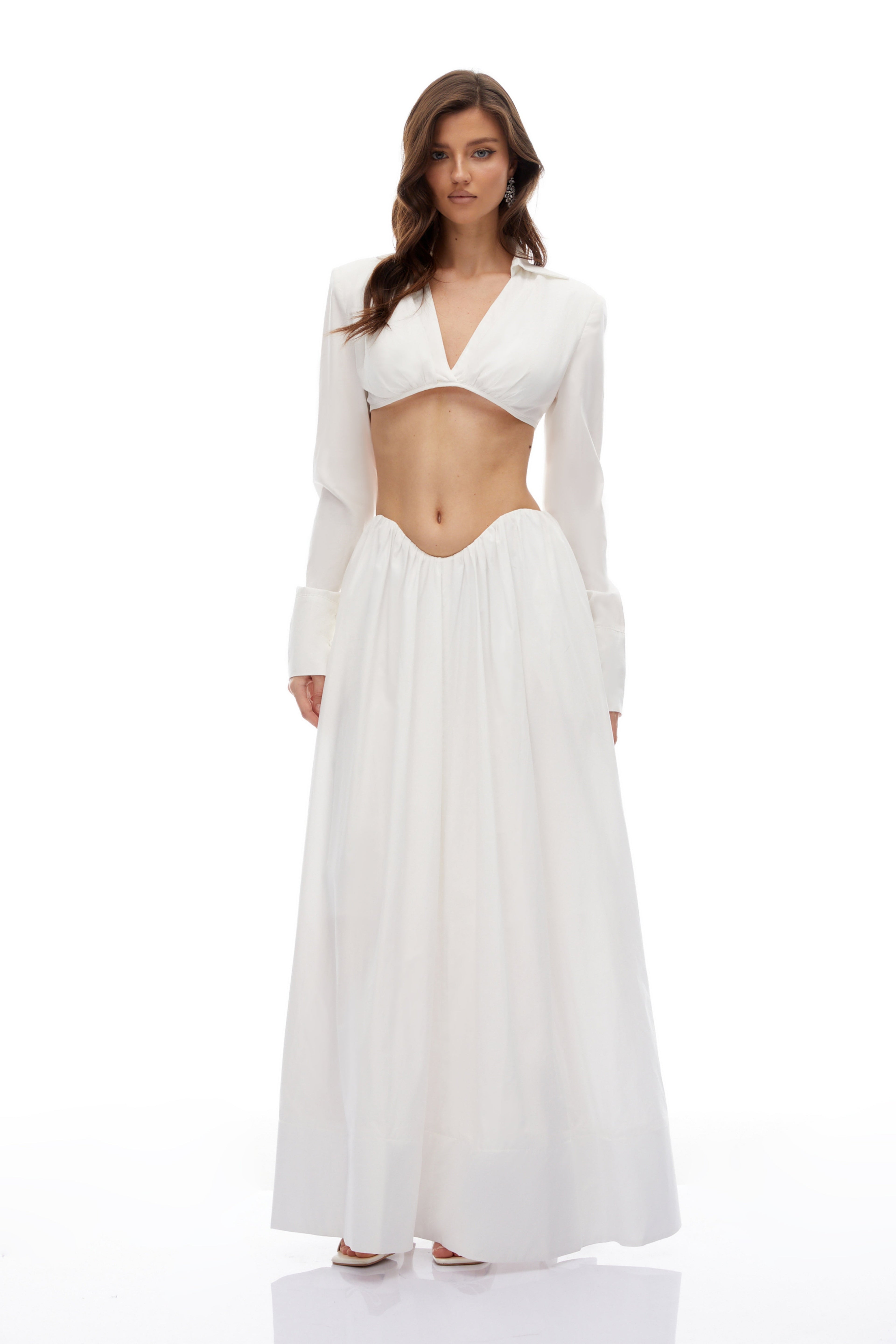 Caterina White Shirred Shirt & Skirt Set