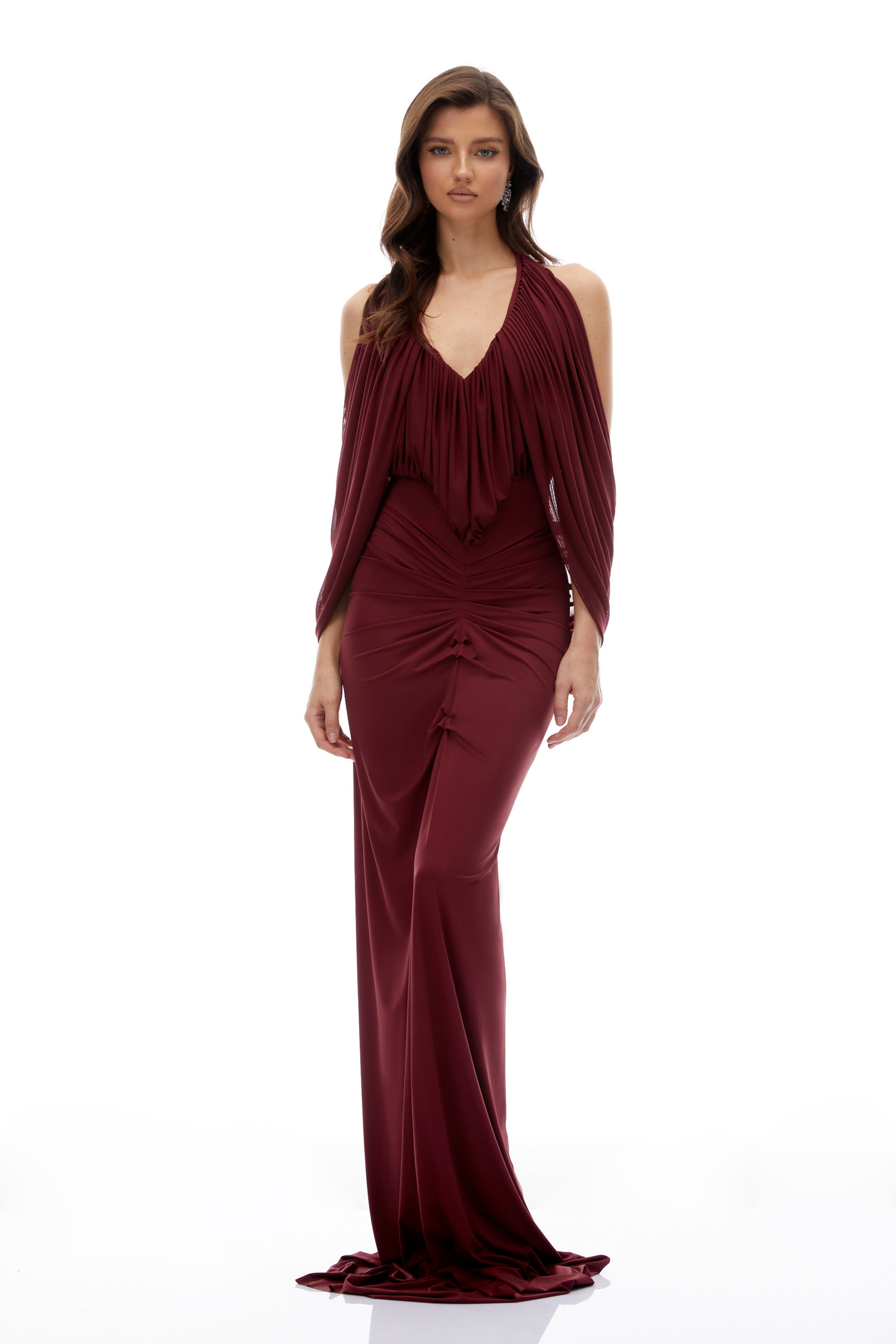 Eléa Red Cold Shoulder Draped Maxi Dress