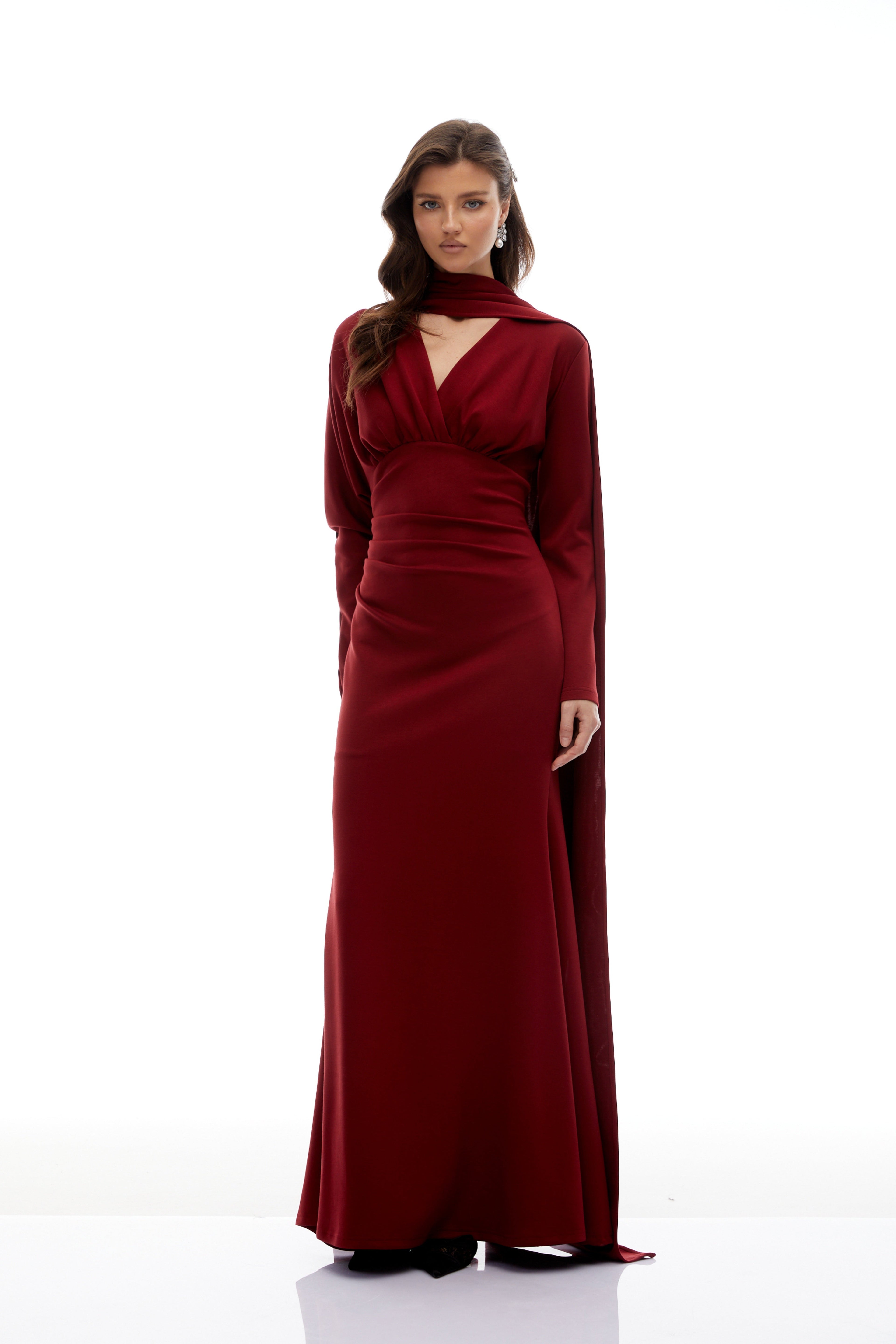 Margot Red Scarf Design Ruched Maxi Gown (Final Sale-US Only)