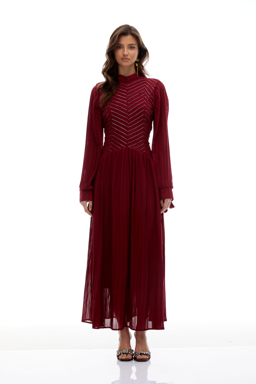 Hulda Burgundy Bead Embellished Ruched Maxi Dress(Final Sale-US Only)