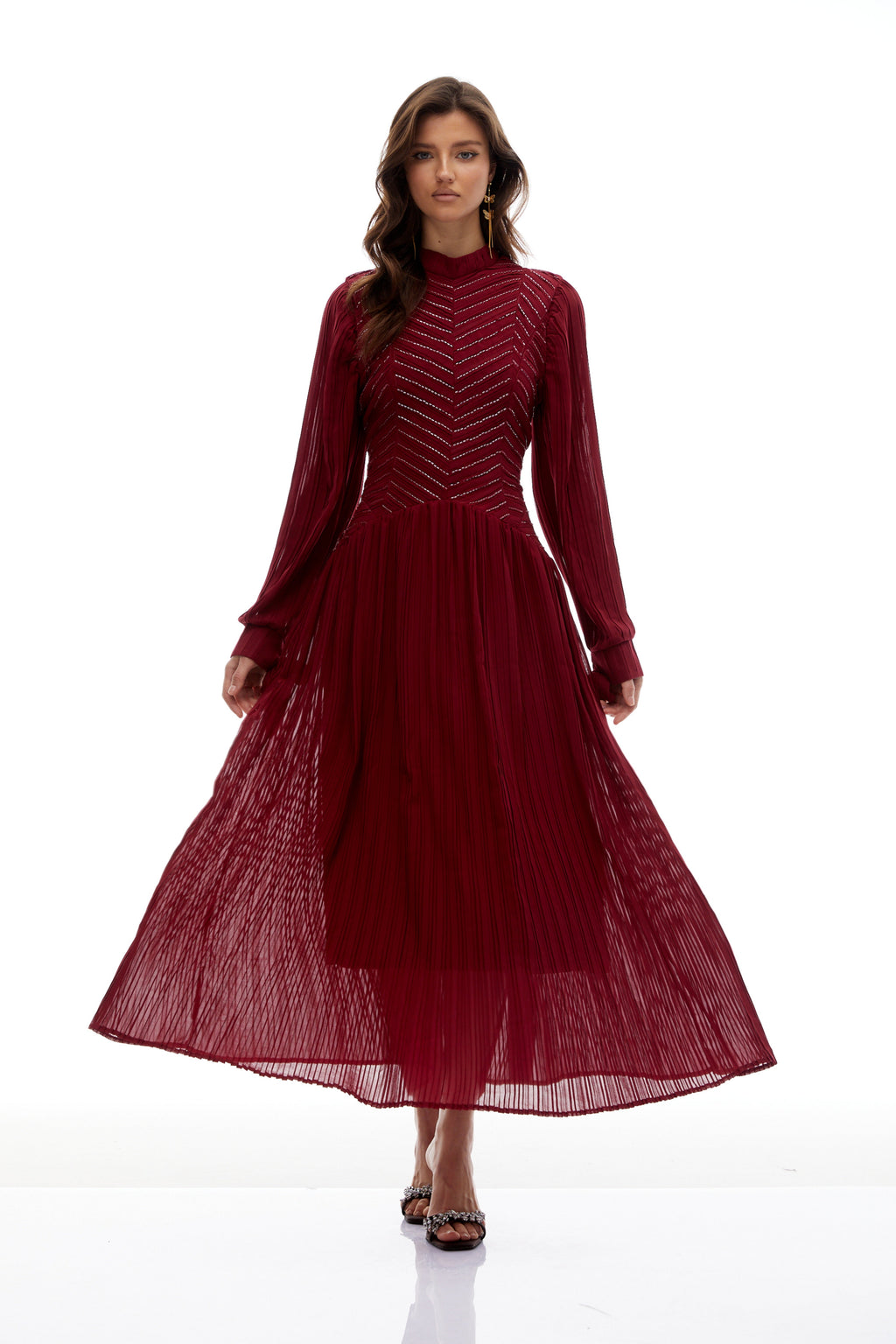 Hulda Burgundy Bead Embellished Ruched Maxi Dress(Final Sale-US Only)