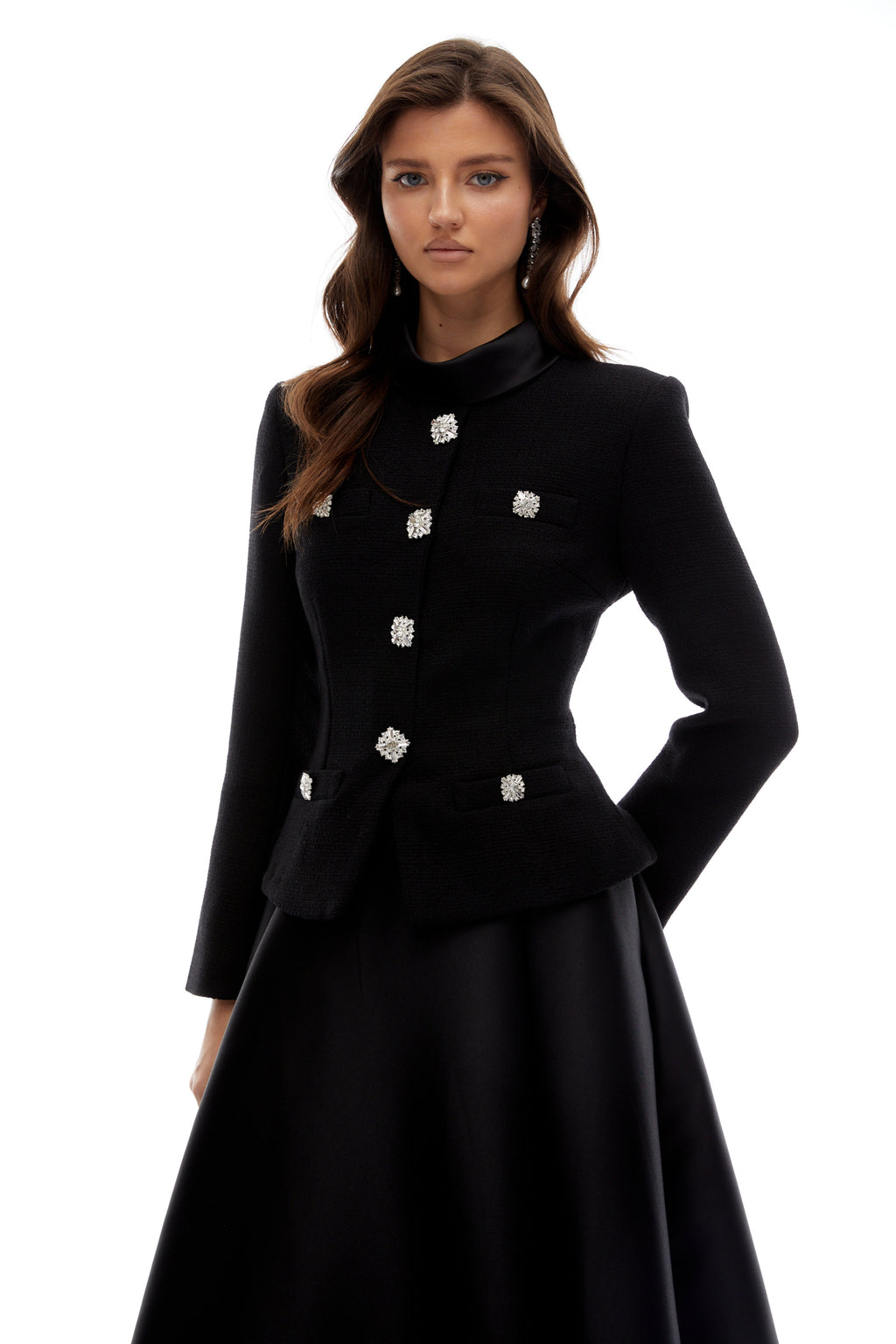 Lorelei Black High Neck Tweed Midi Dress