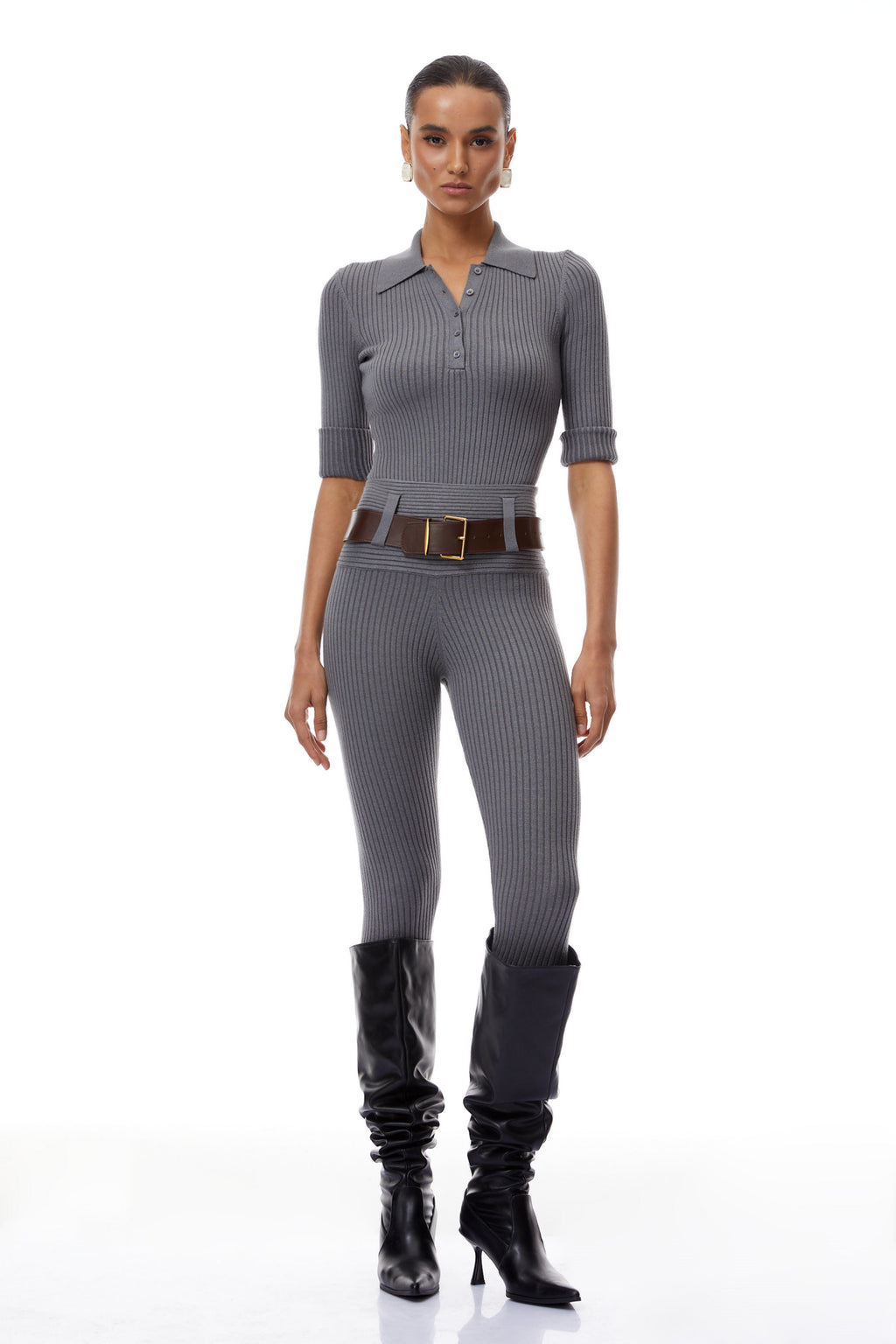 Claire Grey Ribbed Knit Bodysuit & Trousers Set