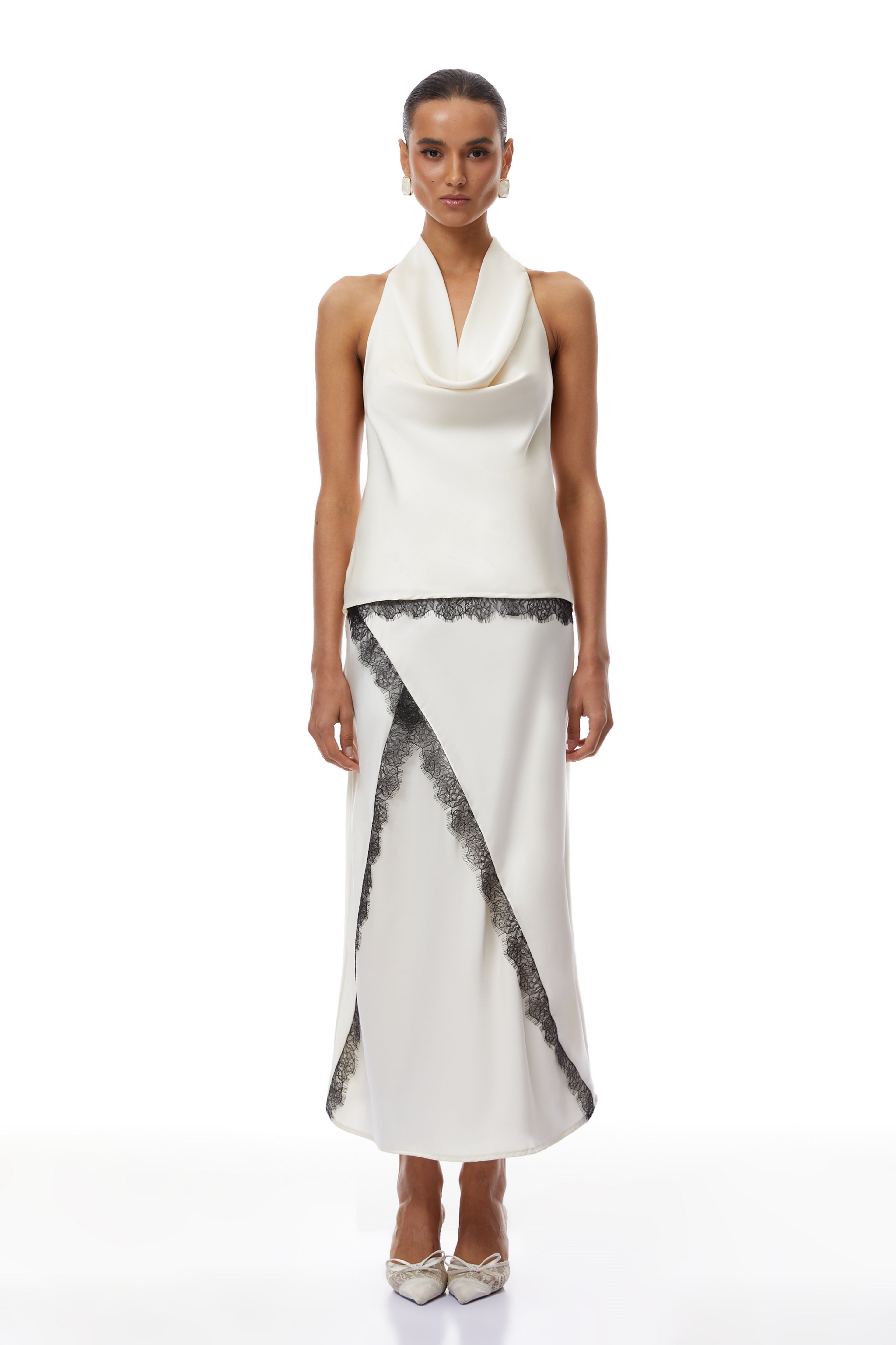 Frida White Satin Co-ord Set with Lace Trim