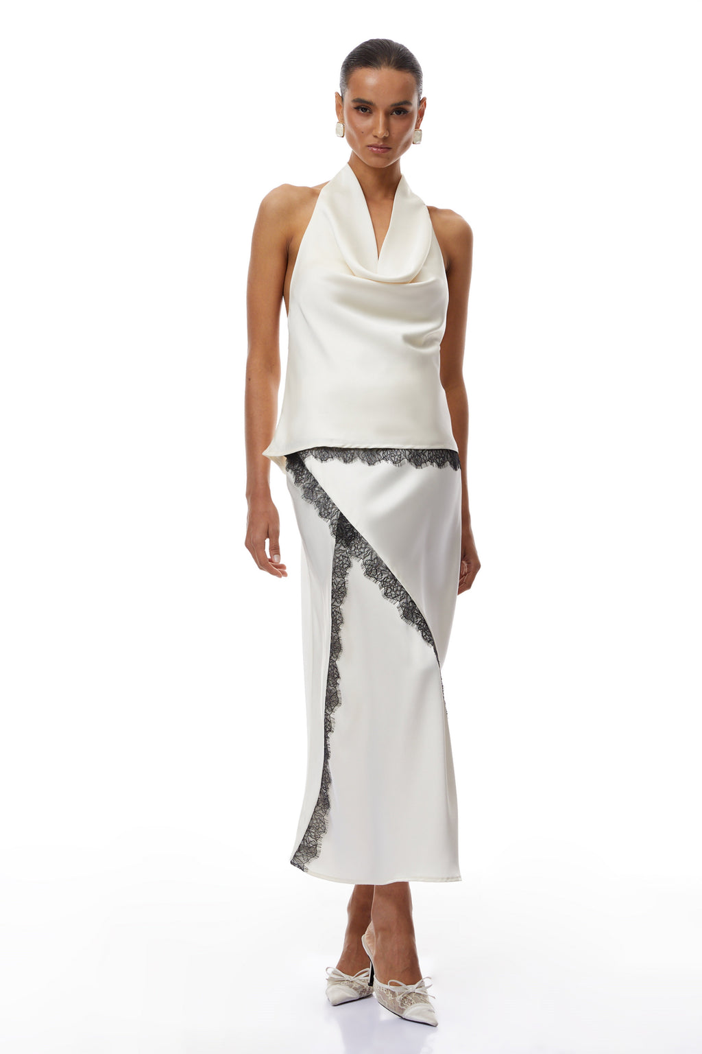 Frida White Satin Co-ord Set with Lace Trim