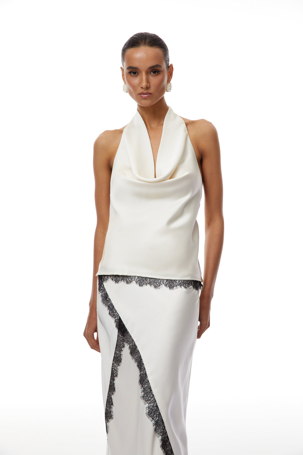 Frida White Satin Co-ord Set with Lace Trim