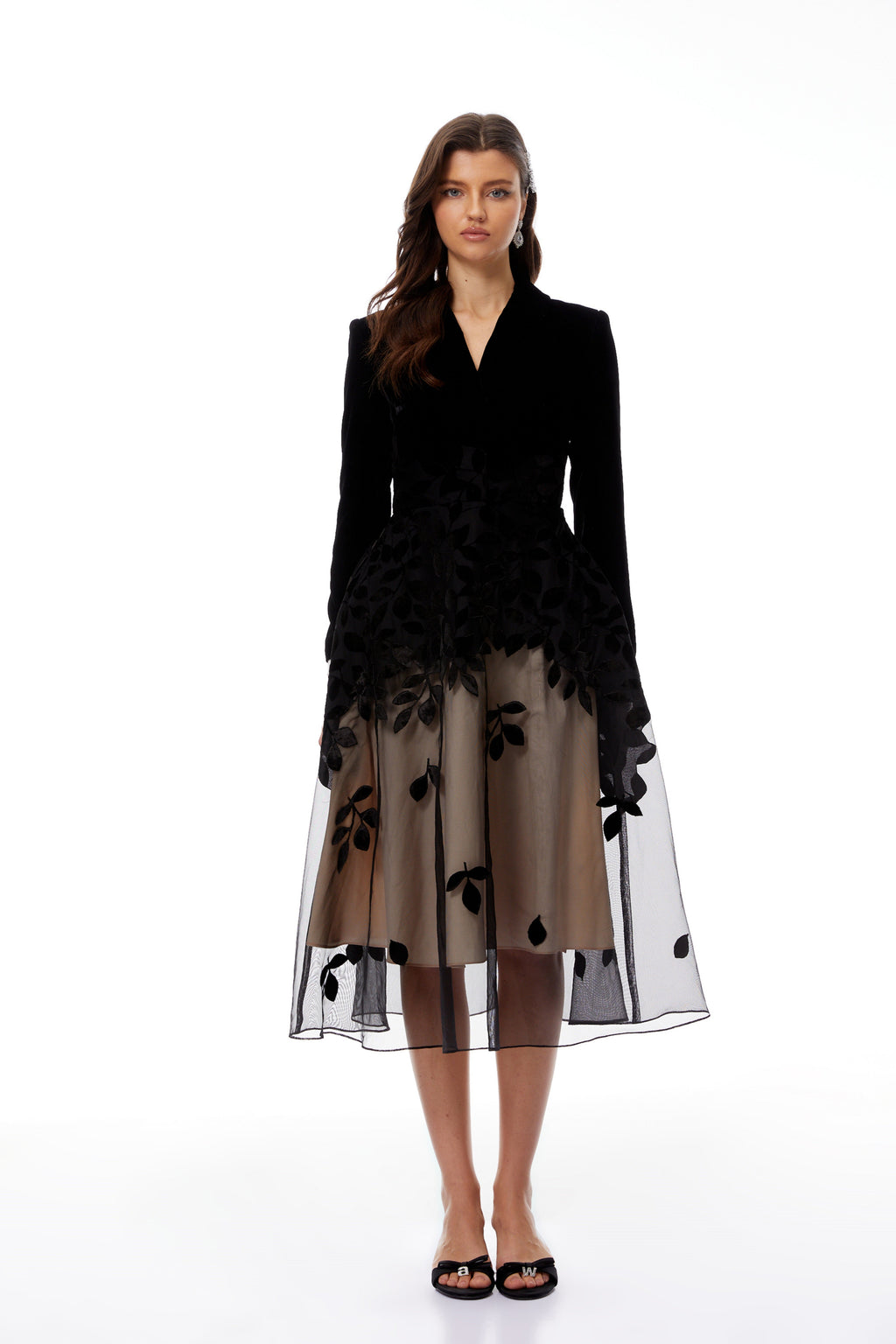 Brielle Black Leaf Embroidered Velvet Midi Dress