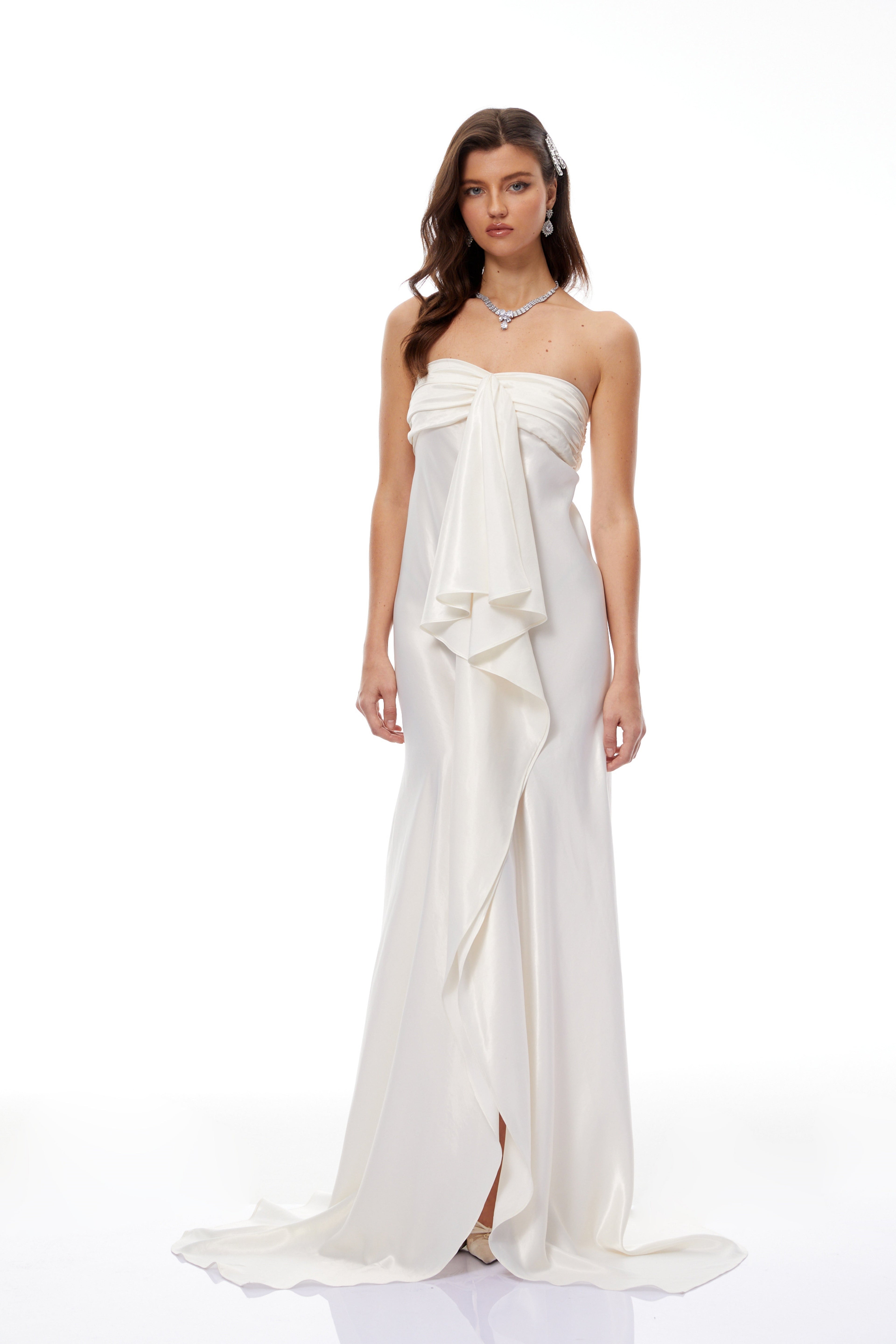 Lilla Beige Strapless Ruffled Satin Maxi Dress  (Final Sale-US Only)