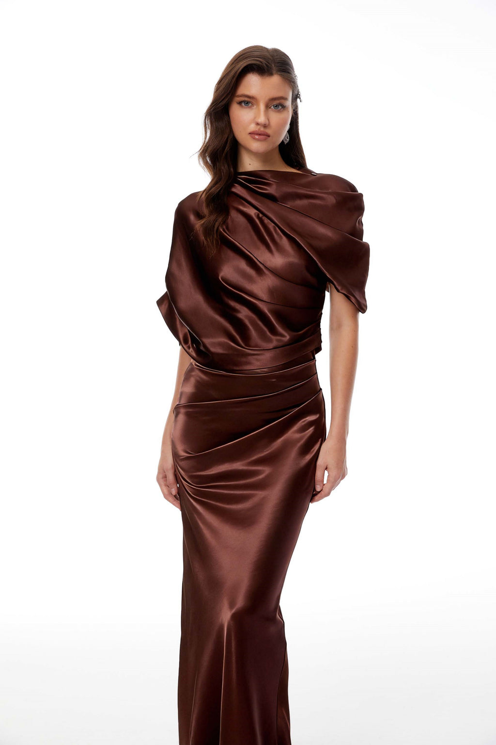 Luisa Brown Asymmetrical Gathered Satin Maxi Dress (Final Sale-US Only)