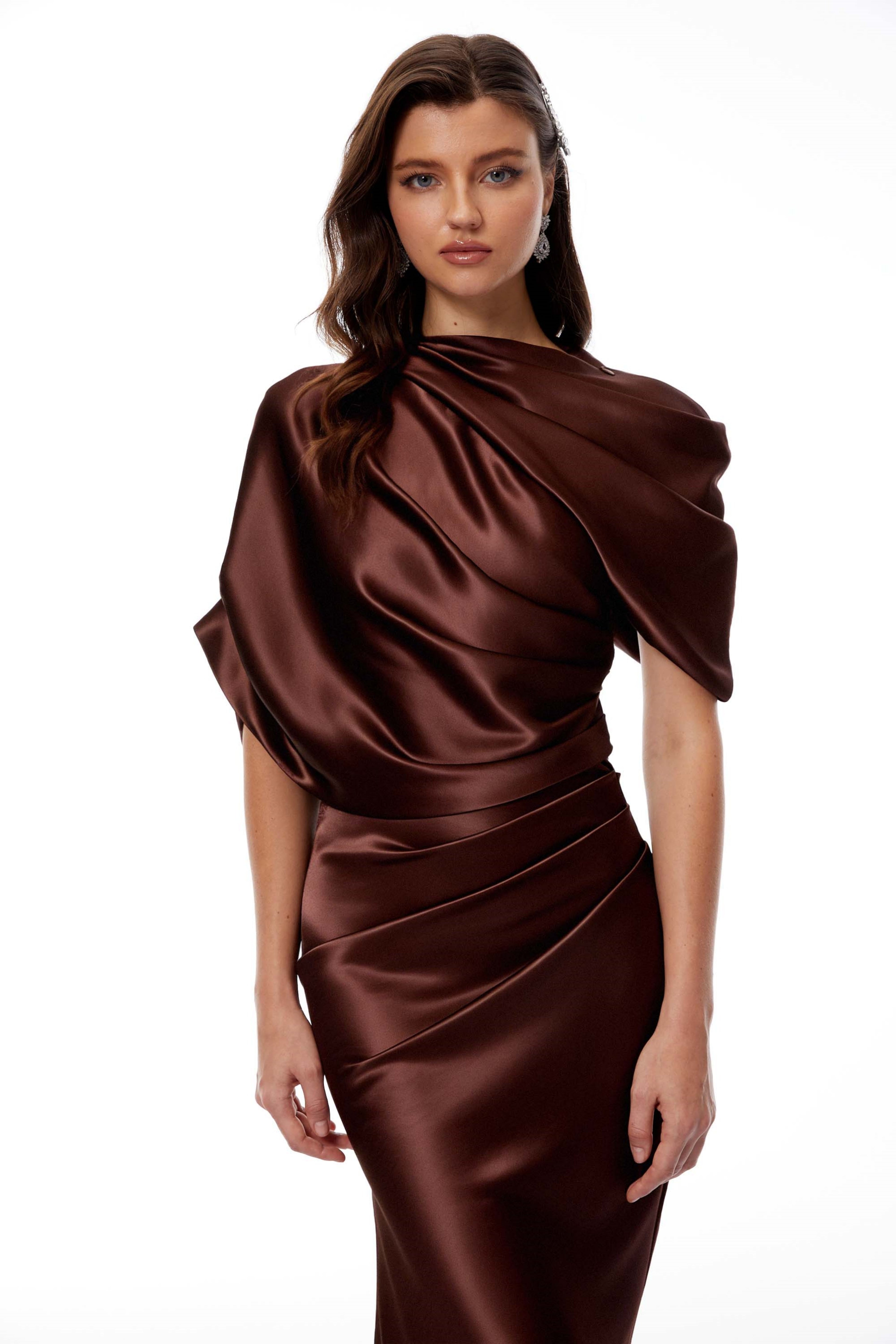 Luisa Brown Asymmetrical Gathered Satin Maxi Dress (Final Sale-US Only)
