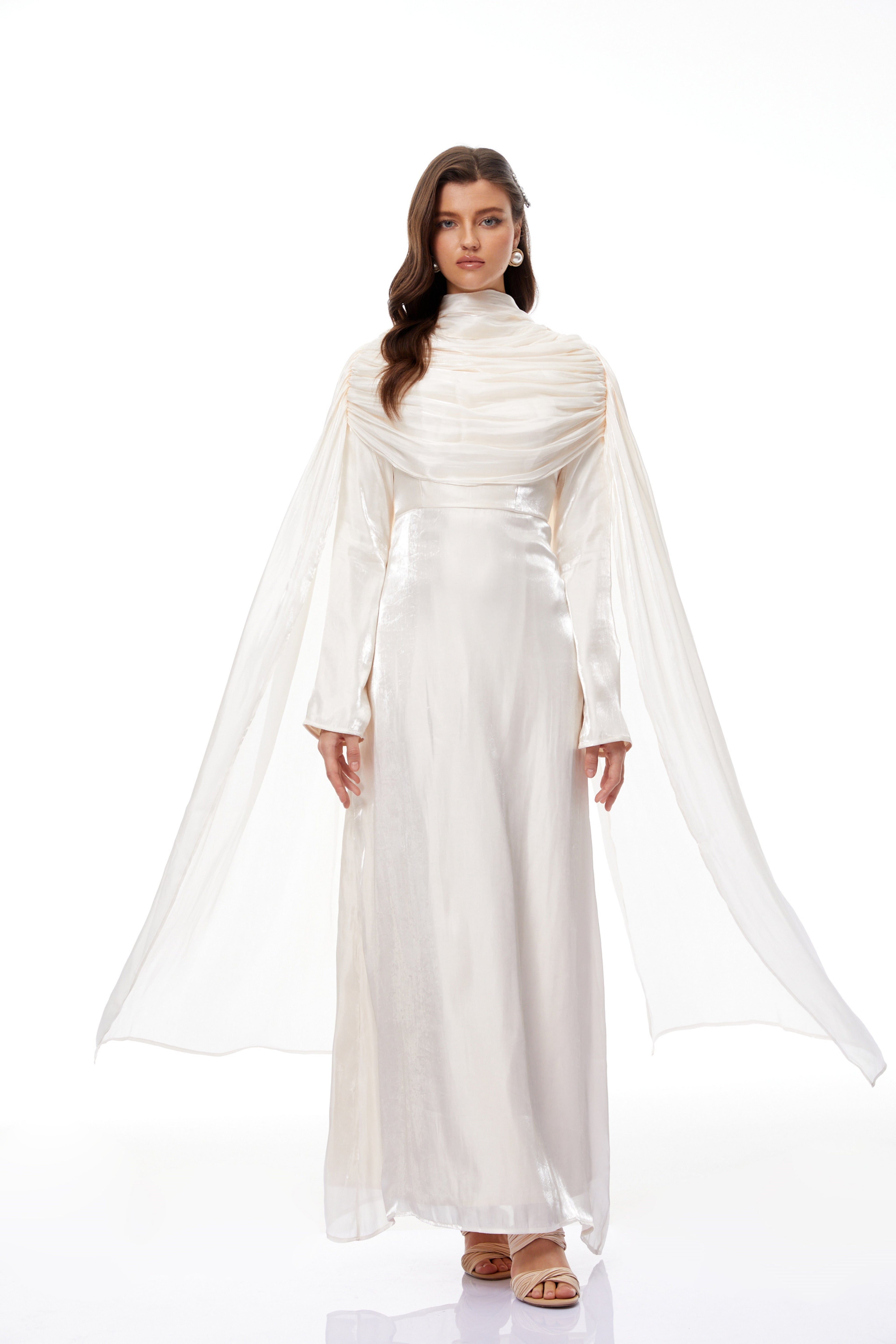 Hege Cream Glossy Ruched Cape Maxi Dress