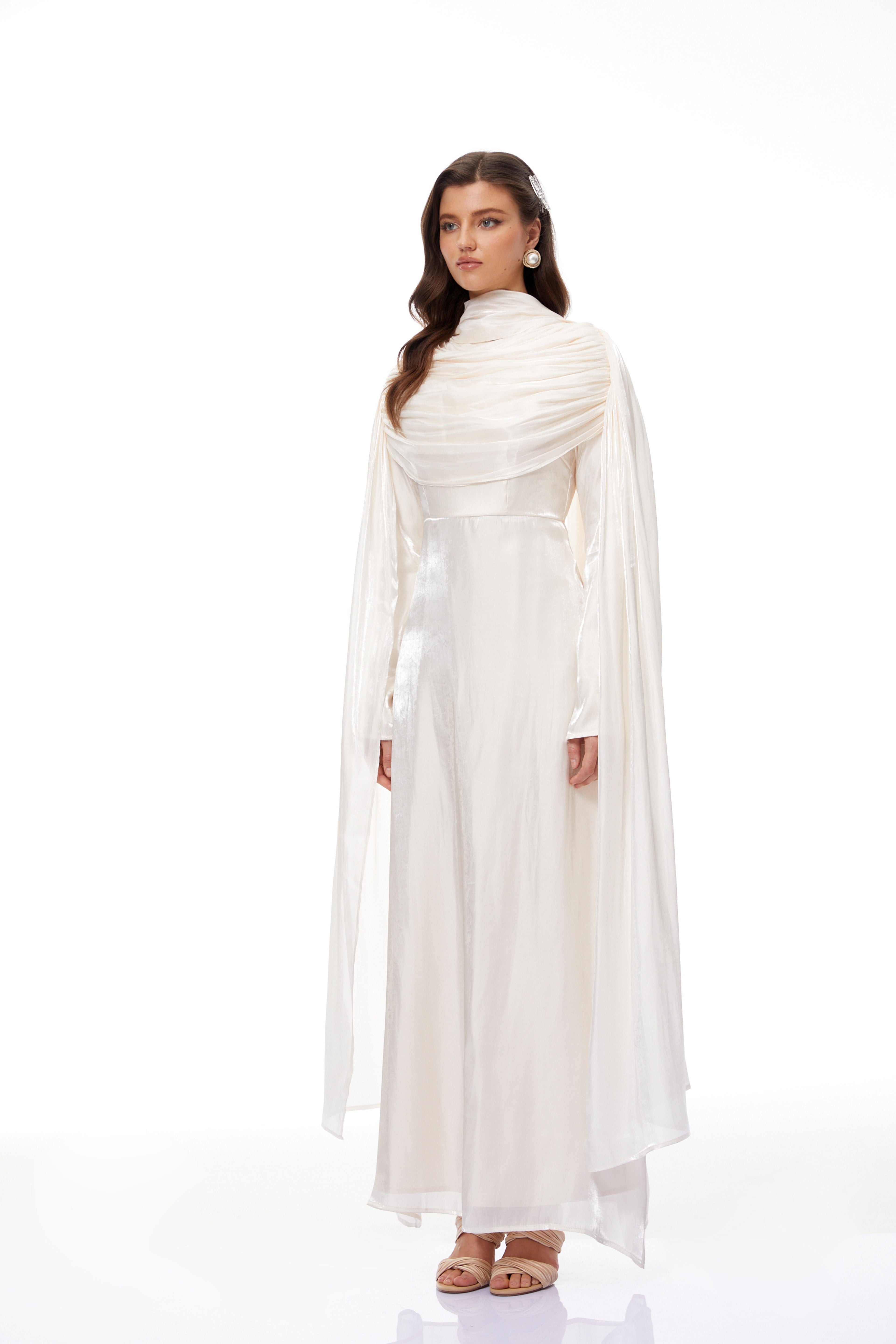 Hege Cream Glossy Ruched Cape Maxi Dress (Final Sale-US Only)