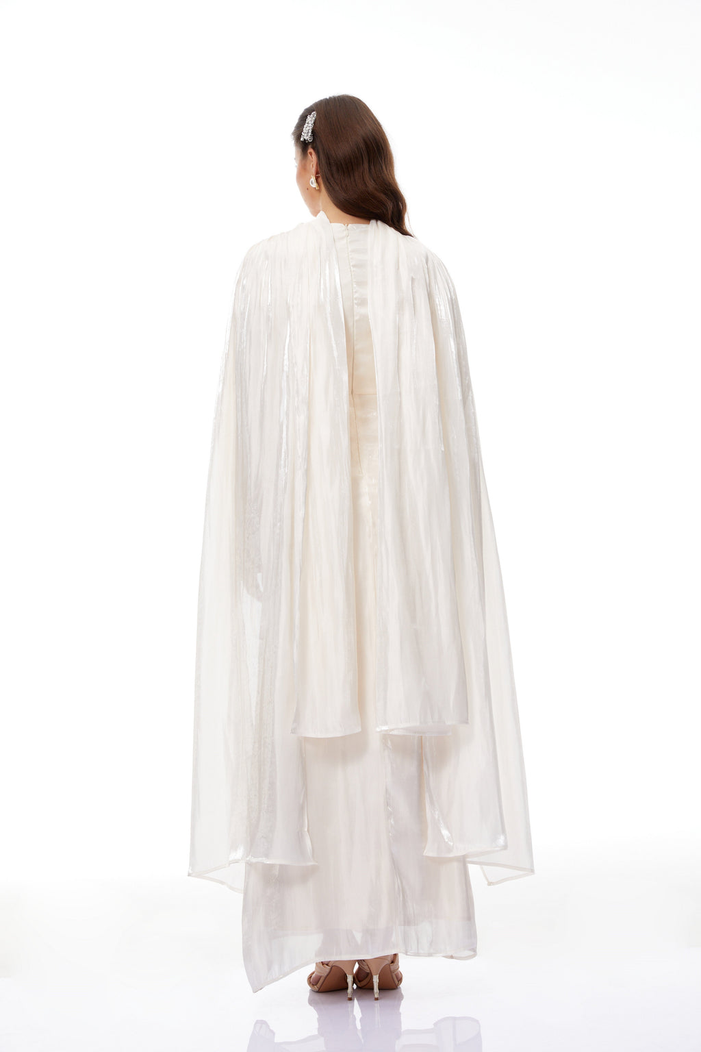 Hege Cream Glossy Ruched Cape Maxi Dress