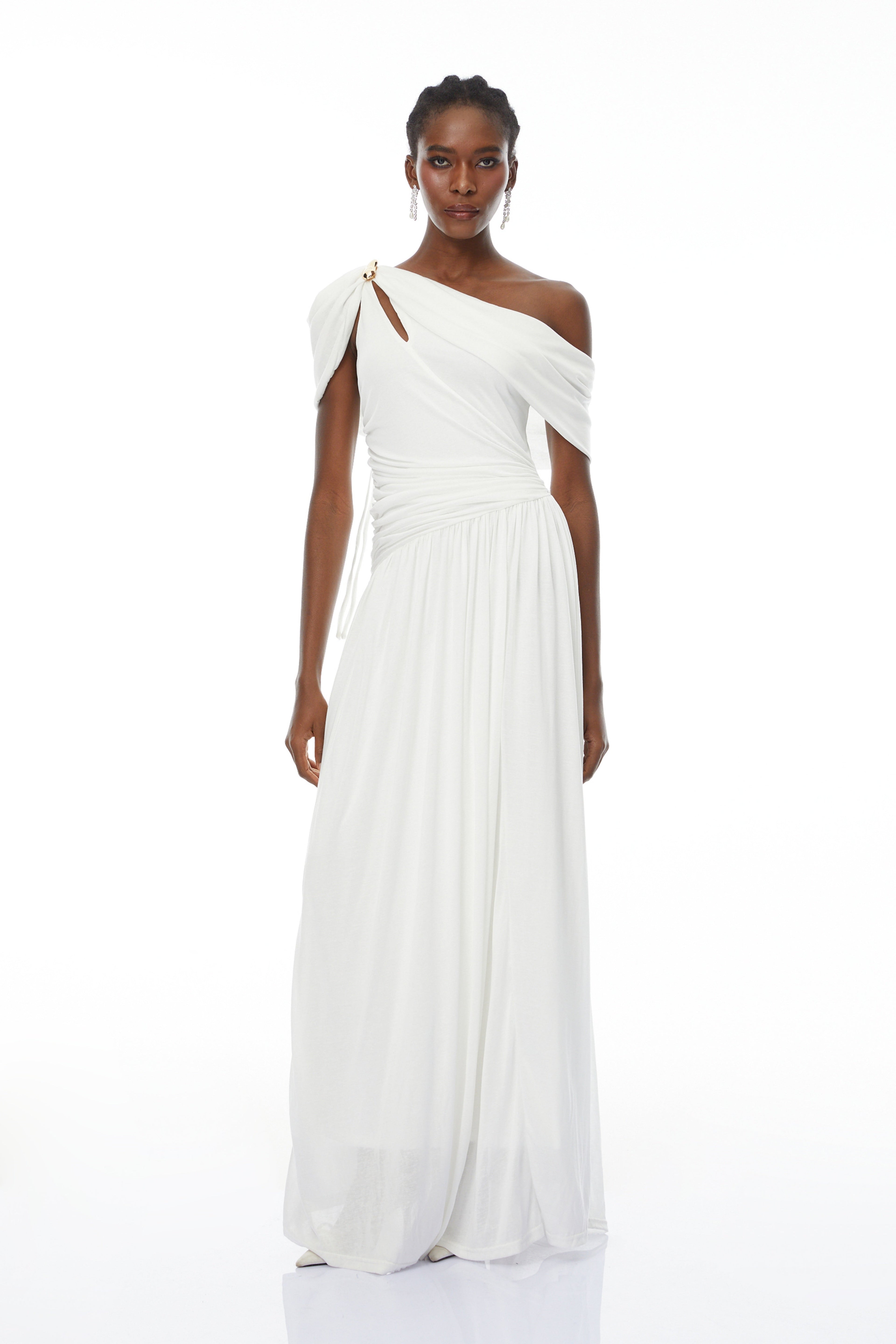 Sigrun White Asymmetrical Gathered Maxi Dress (Final Sale-US Only)