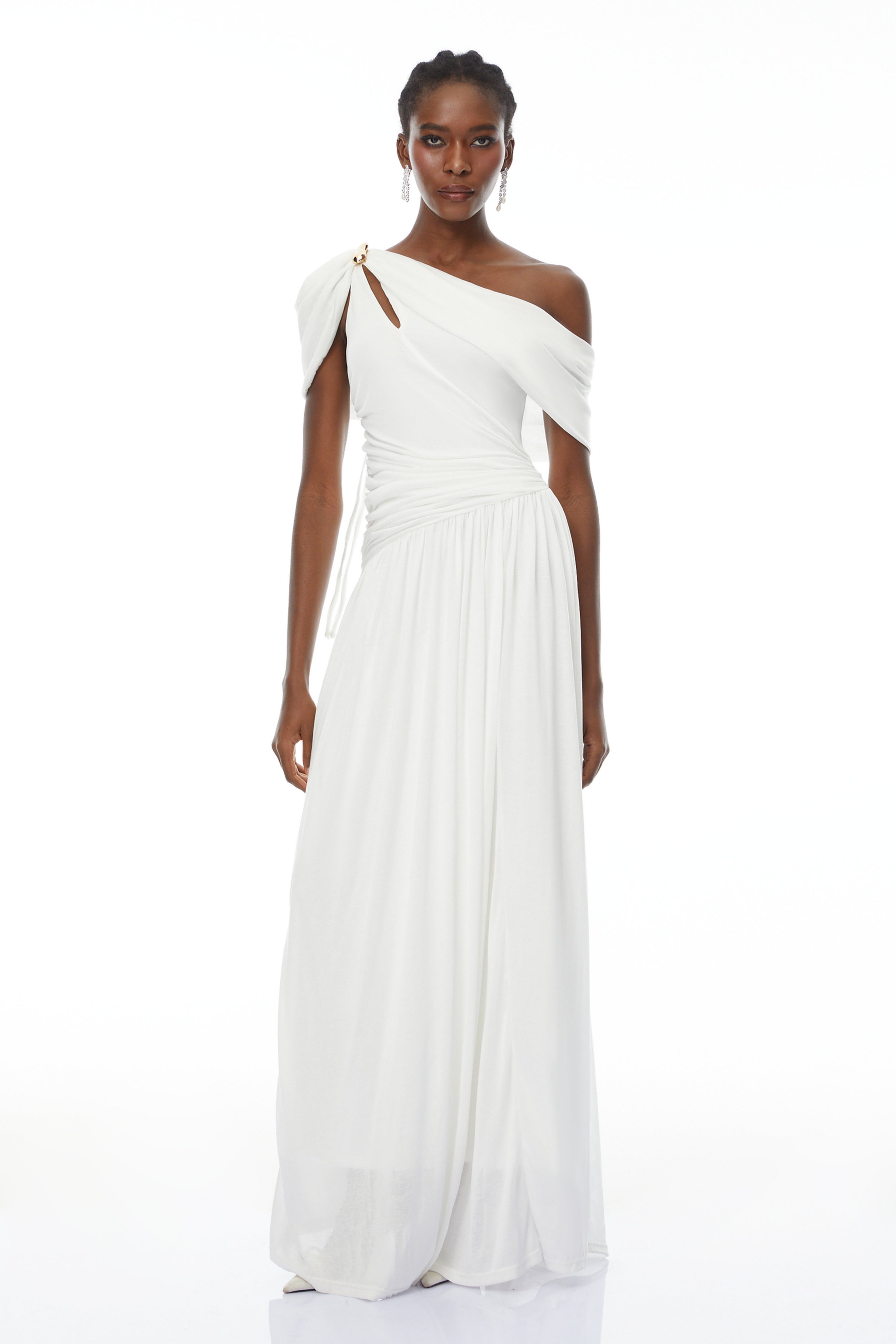 Sigrun White Asymmetrical Gathered Maxi Dress (Final Sale-US Only)