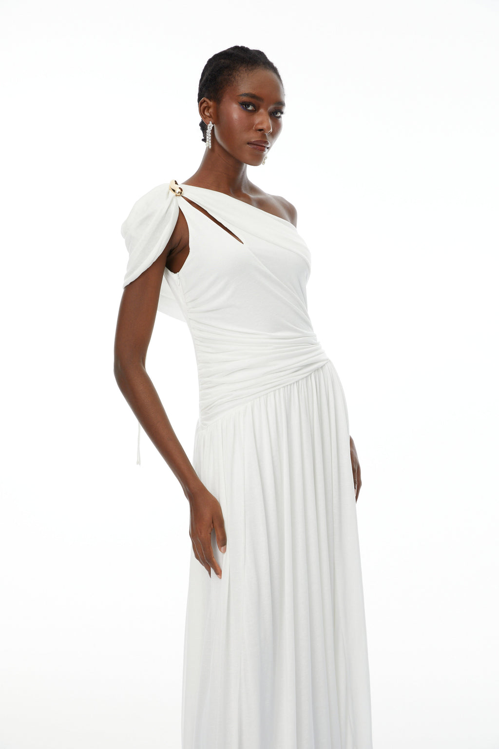 Sigrun White Asymmetrical Gathered Maxi Dress (Final Sale-US Only)
