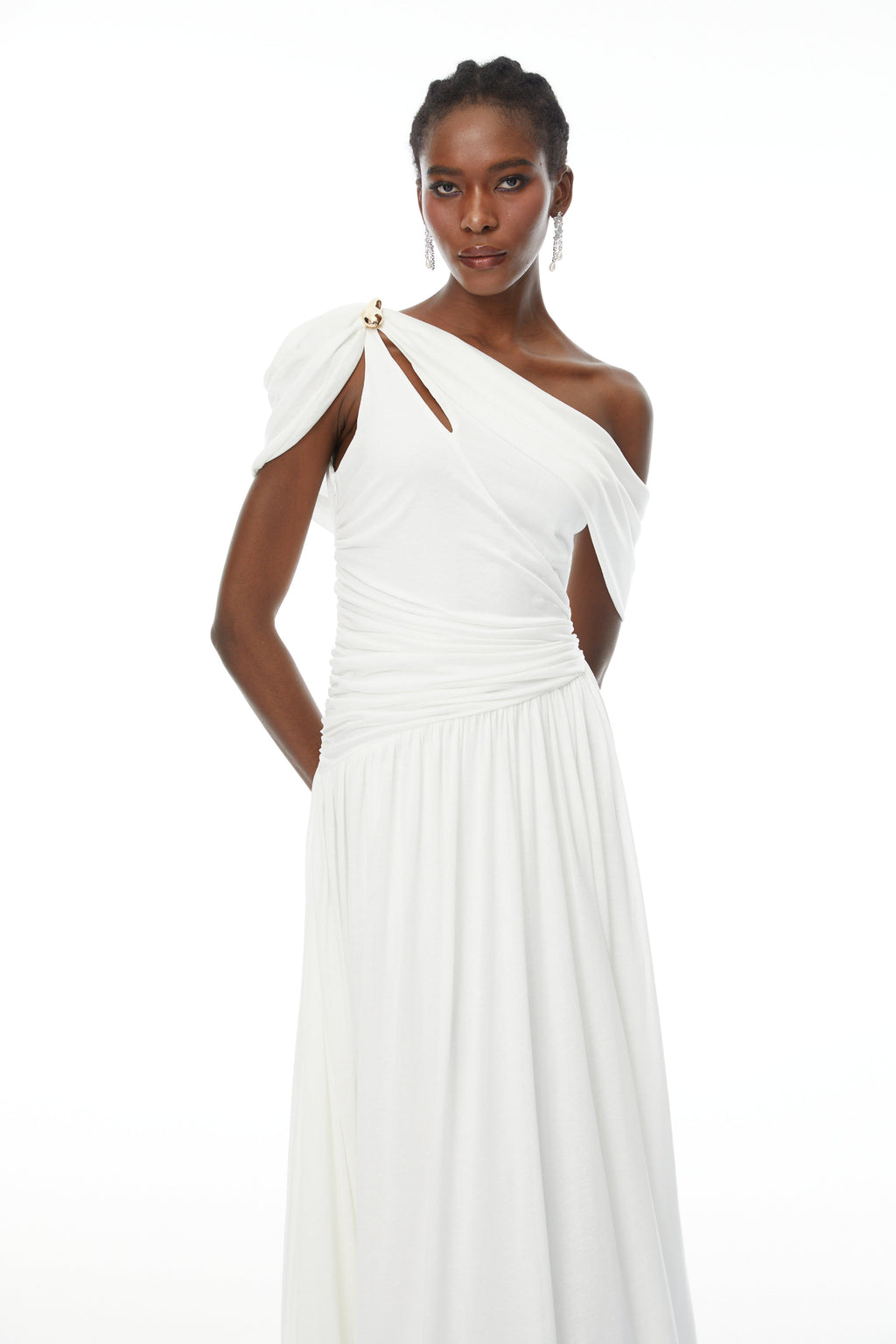 Sigrun White Asymmetrical Gathered Maxi Dress (Final Sale-US Only)