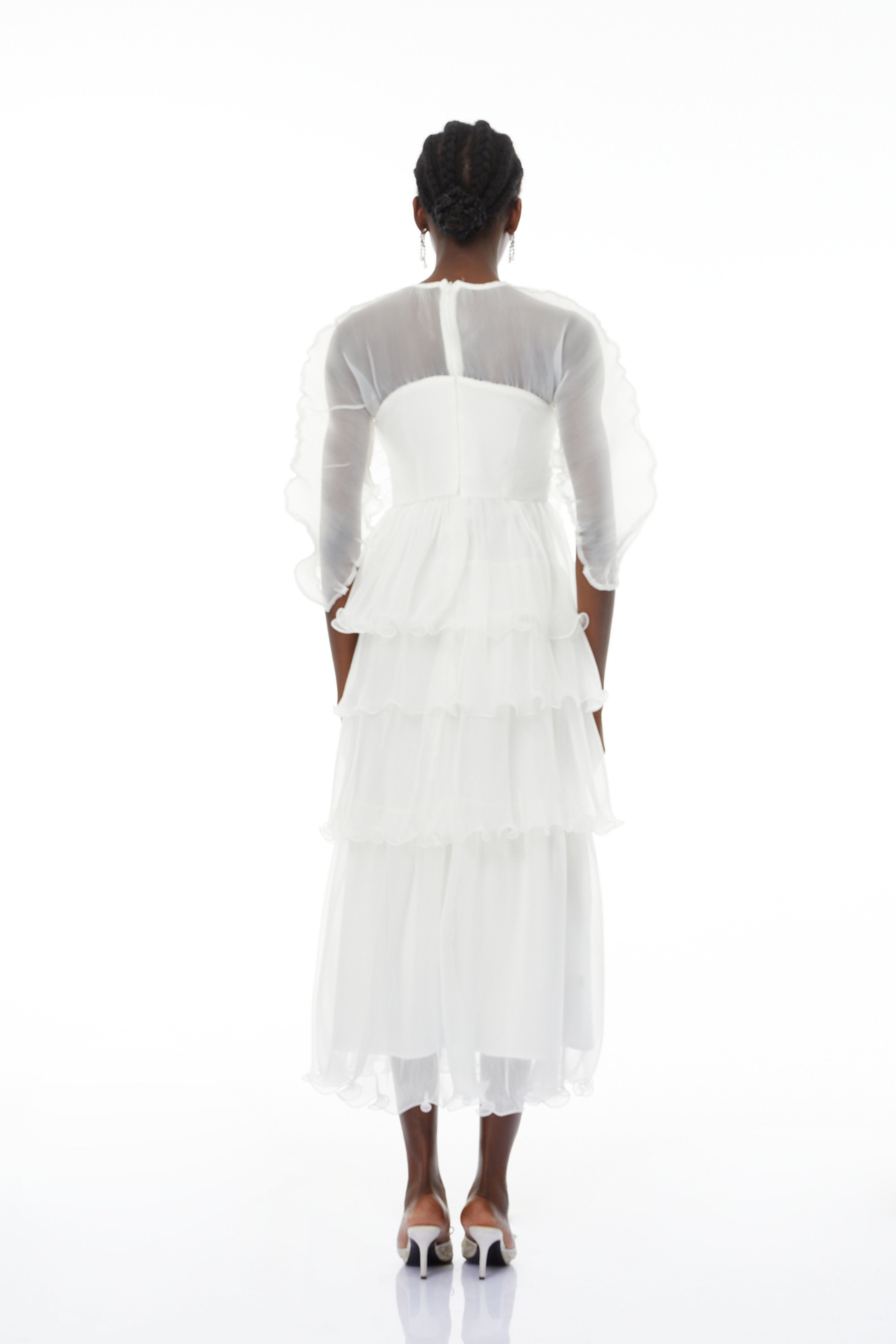 Simona White Floral Ruffled Tiered Midi Dress