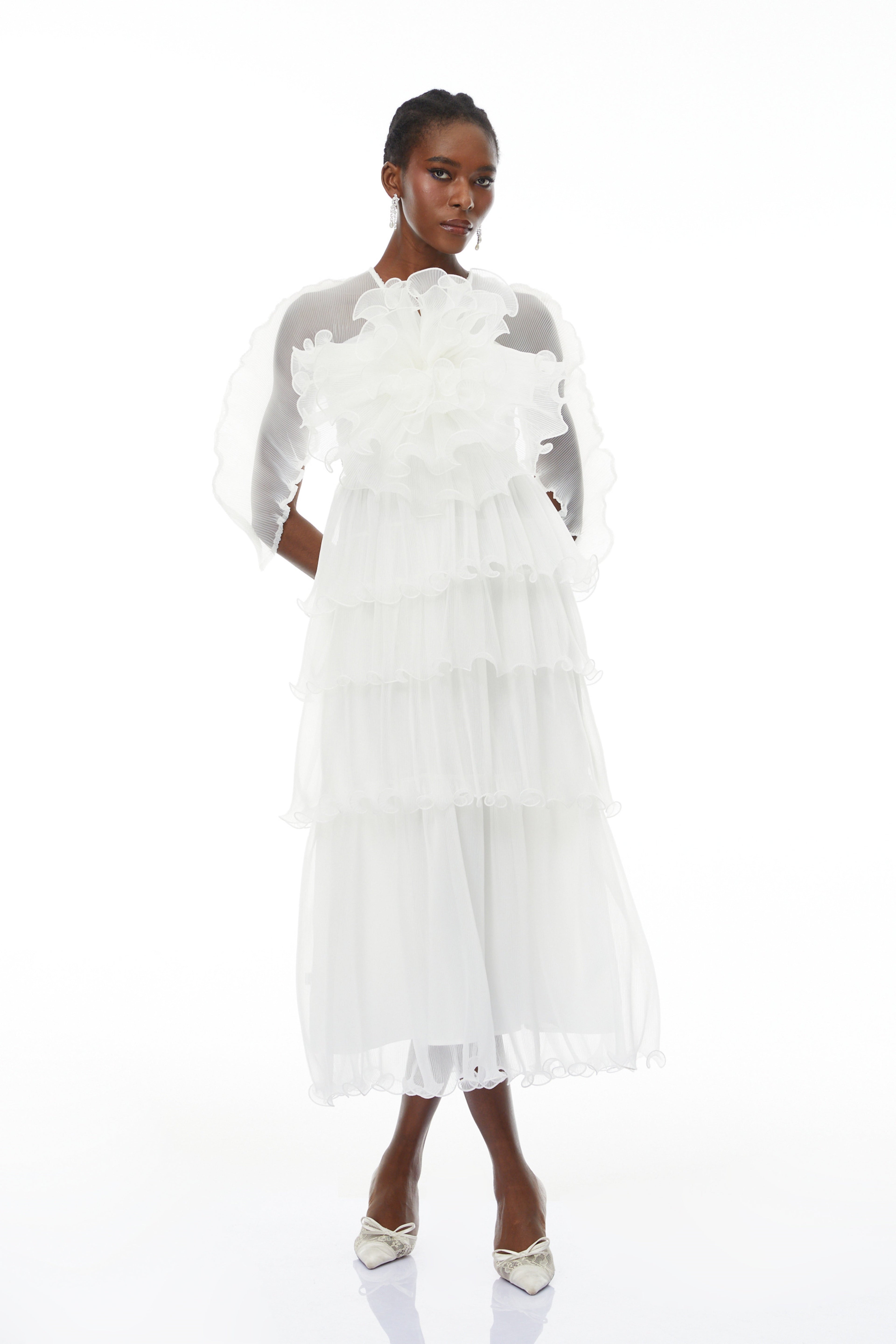 Simona White Floral Ruffled Tiered Midi Dress