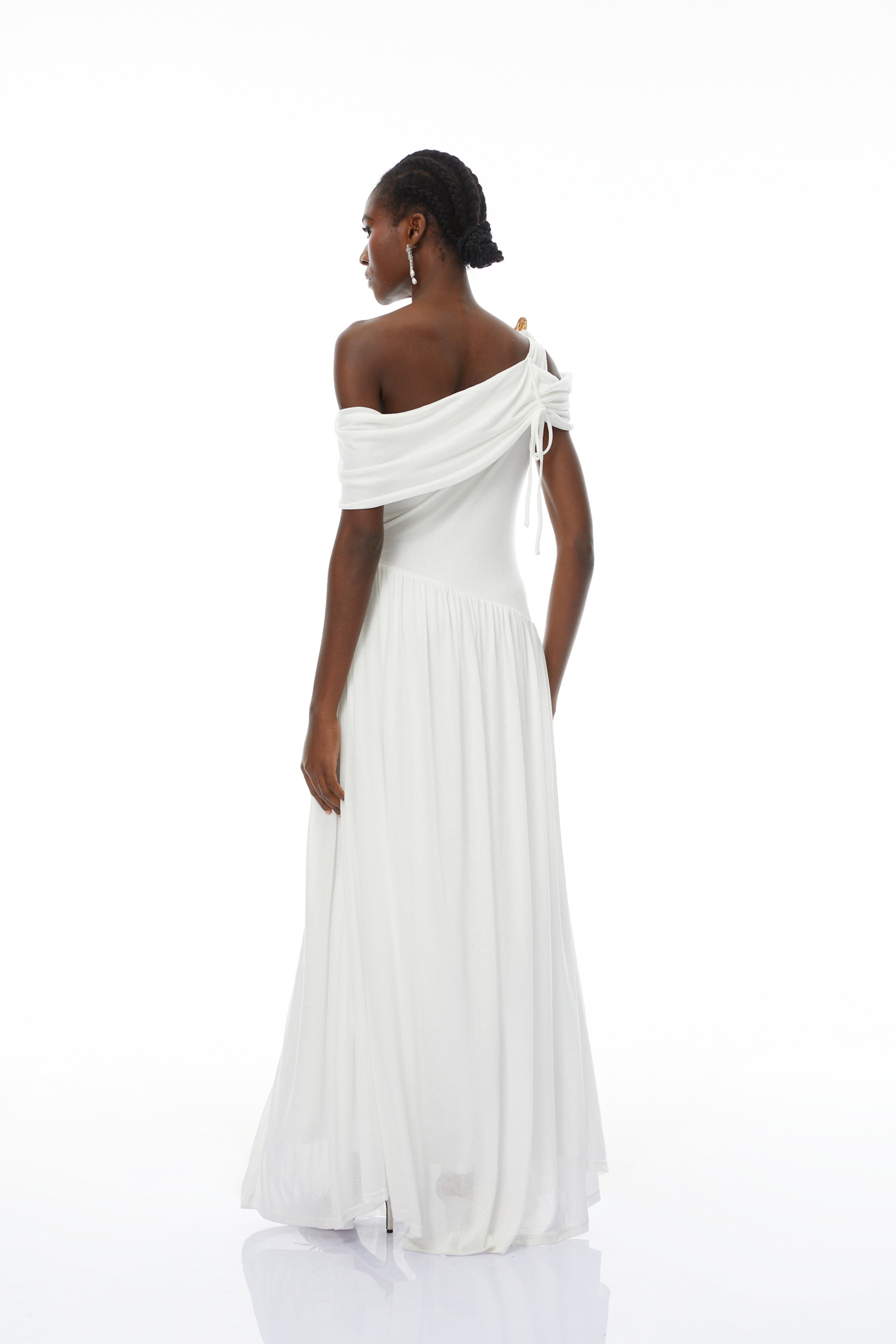 Sigrun White Asymmetrical Gathered Maxi Dress (Final Sale-US Only)