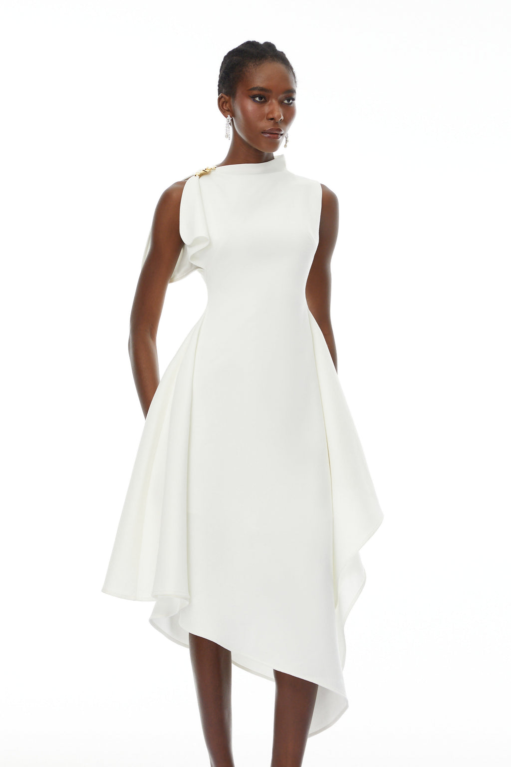 Liana White Asymmetrical Flared Midi Dress