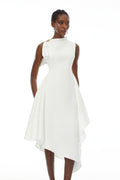 Liana White Asymmetrical Flared Midi Dress