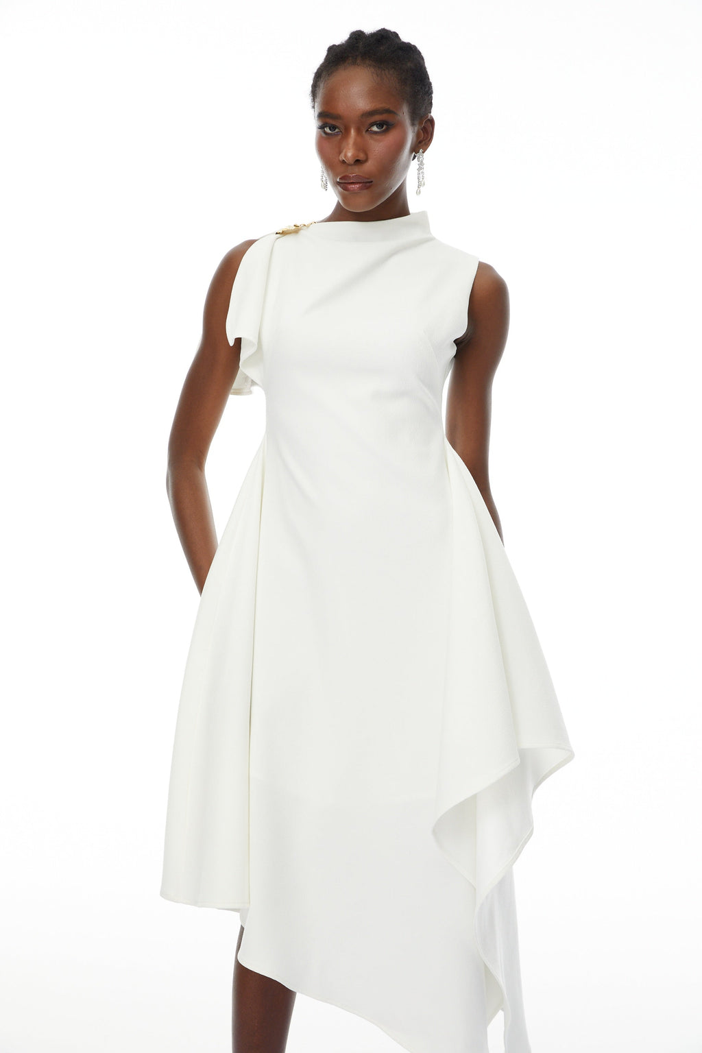 Liana White Asymmetrical Flared Midi Dress
