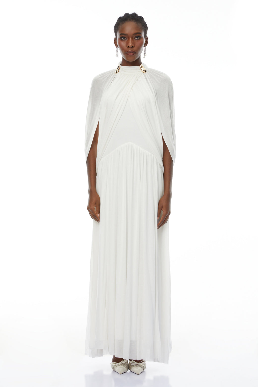 Bergljot White Cape Design Mesh Maxi Dress