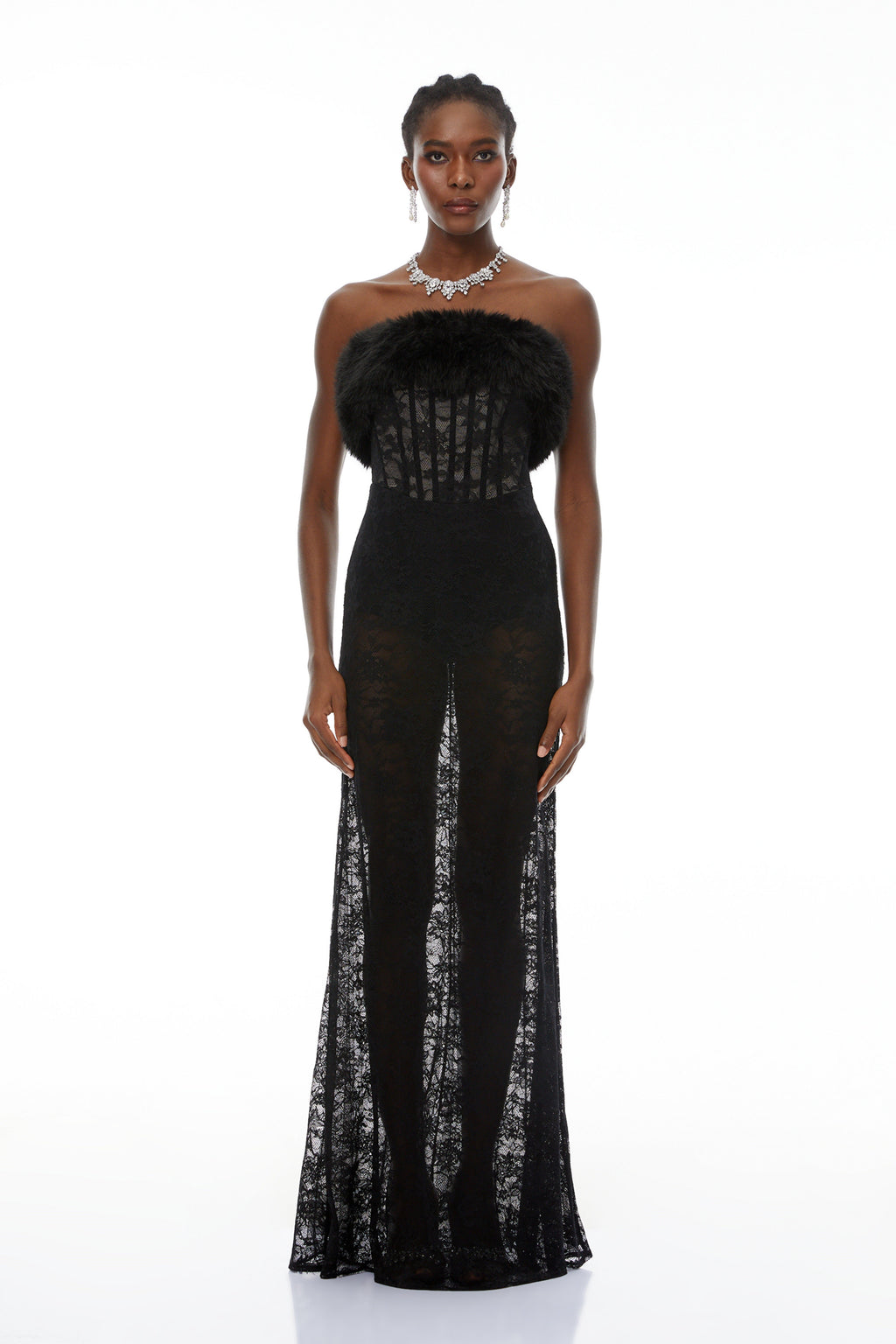 Tecla Black Lace Maxi Dress with Faux Fur Trim