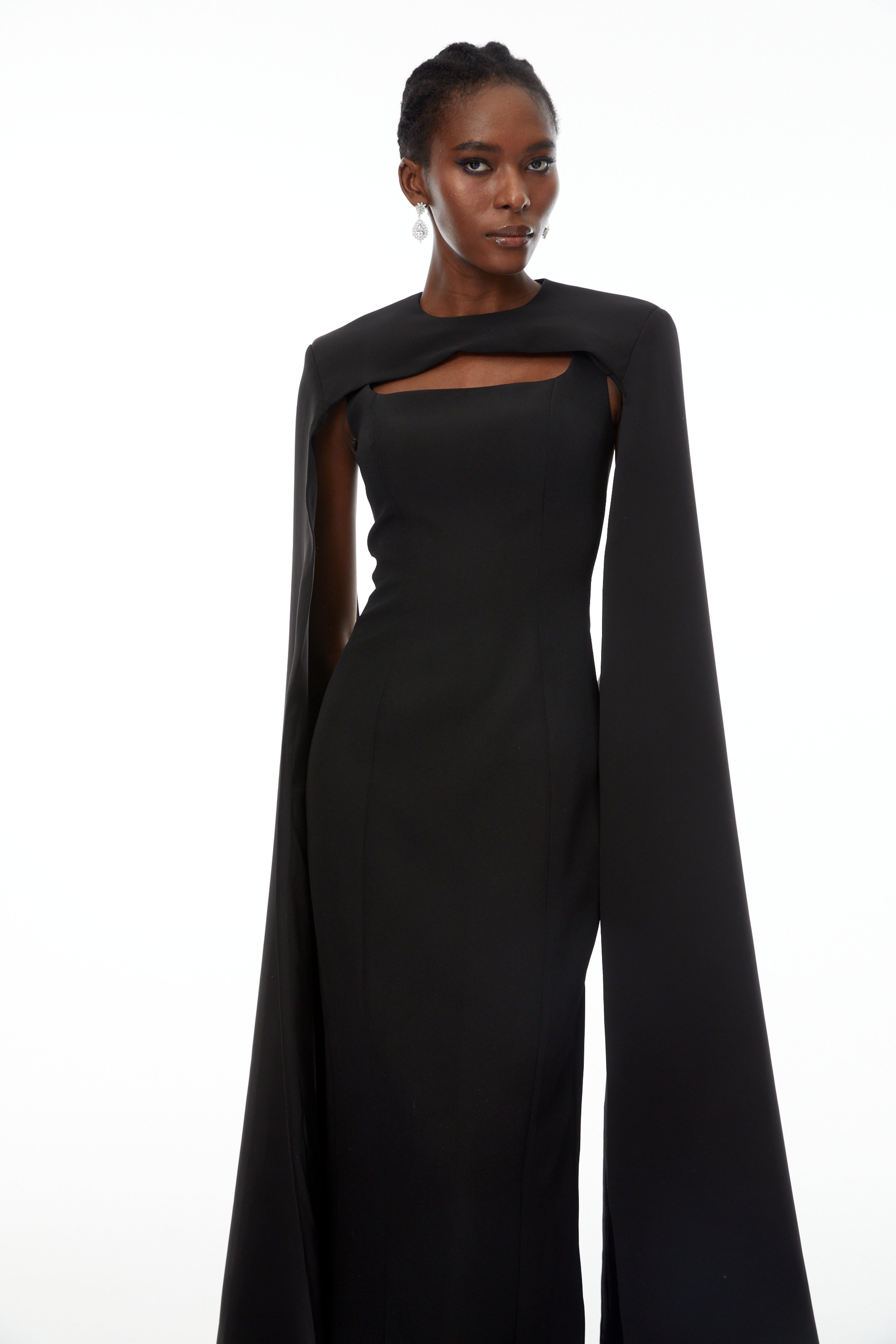 Brynja Black Cape Design Maxi Gown