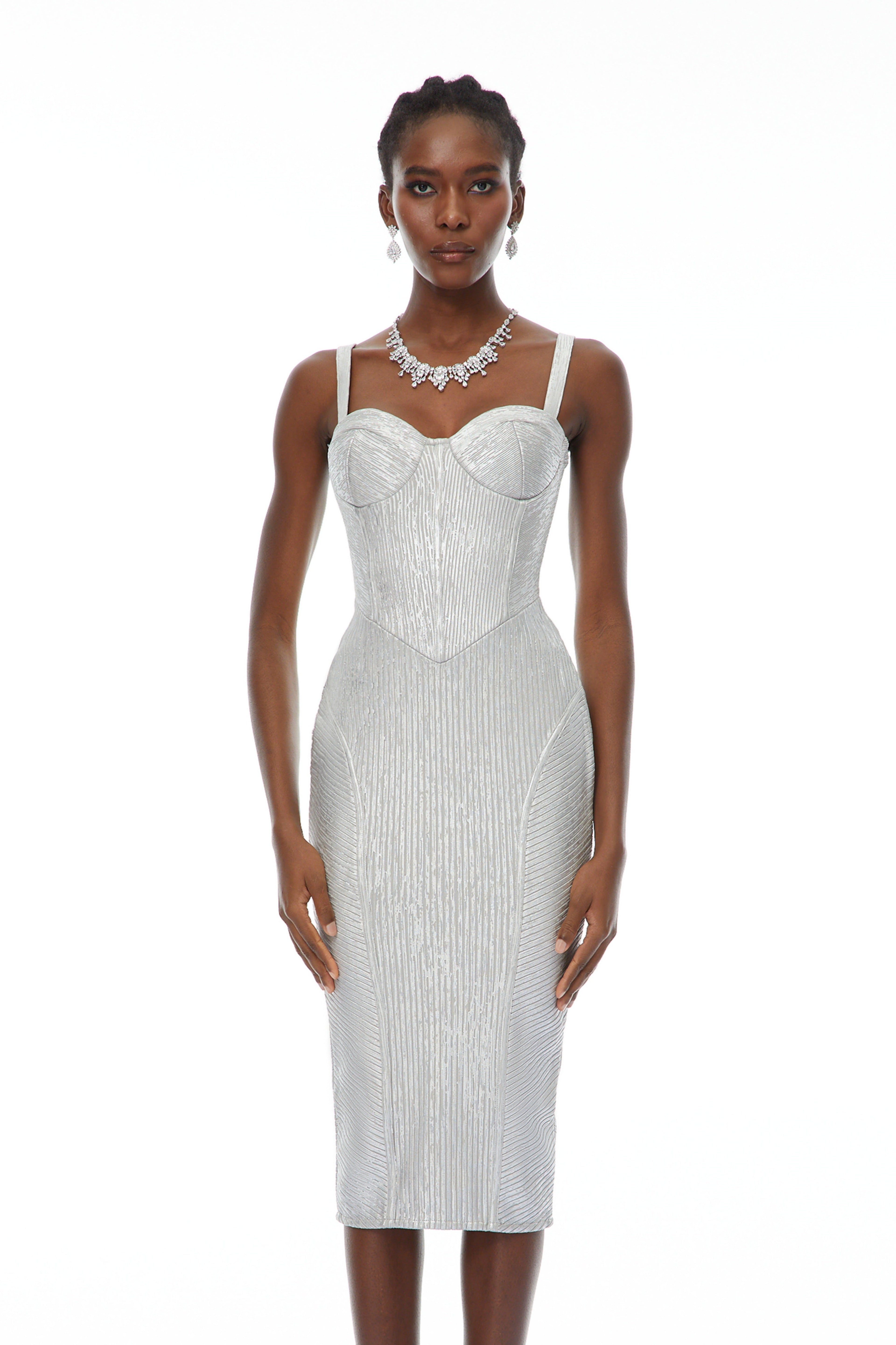 Eric Silver Cinched Waist Midi Dress