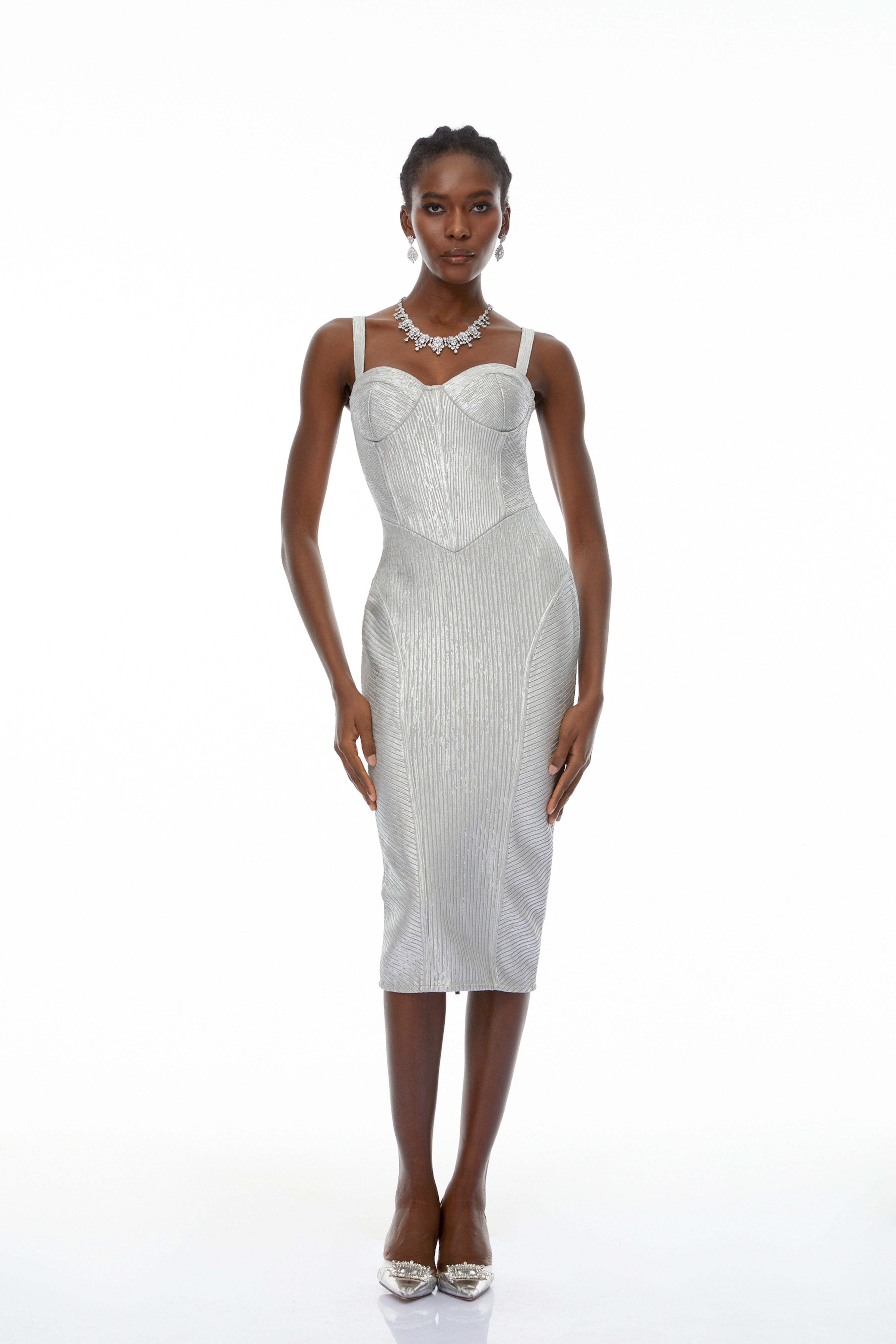 Eric Silver Cinched Waist Midi Dress