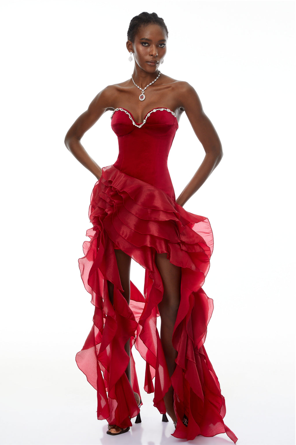 Lunetta Red Strapless Ruffled Maxi Dress