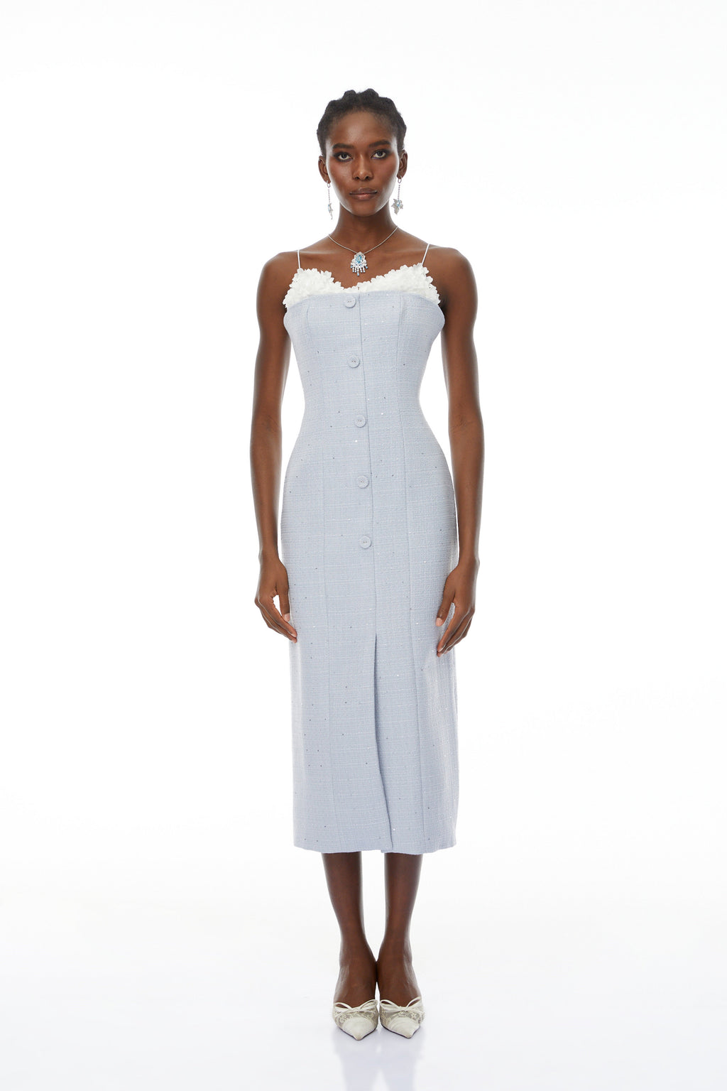 Célia Blue Tweed Midi Dress with Petal Trim