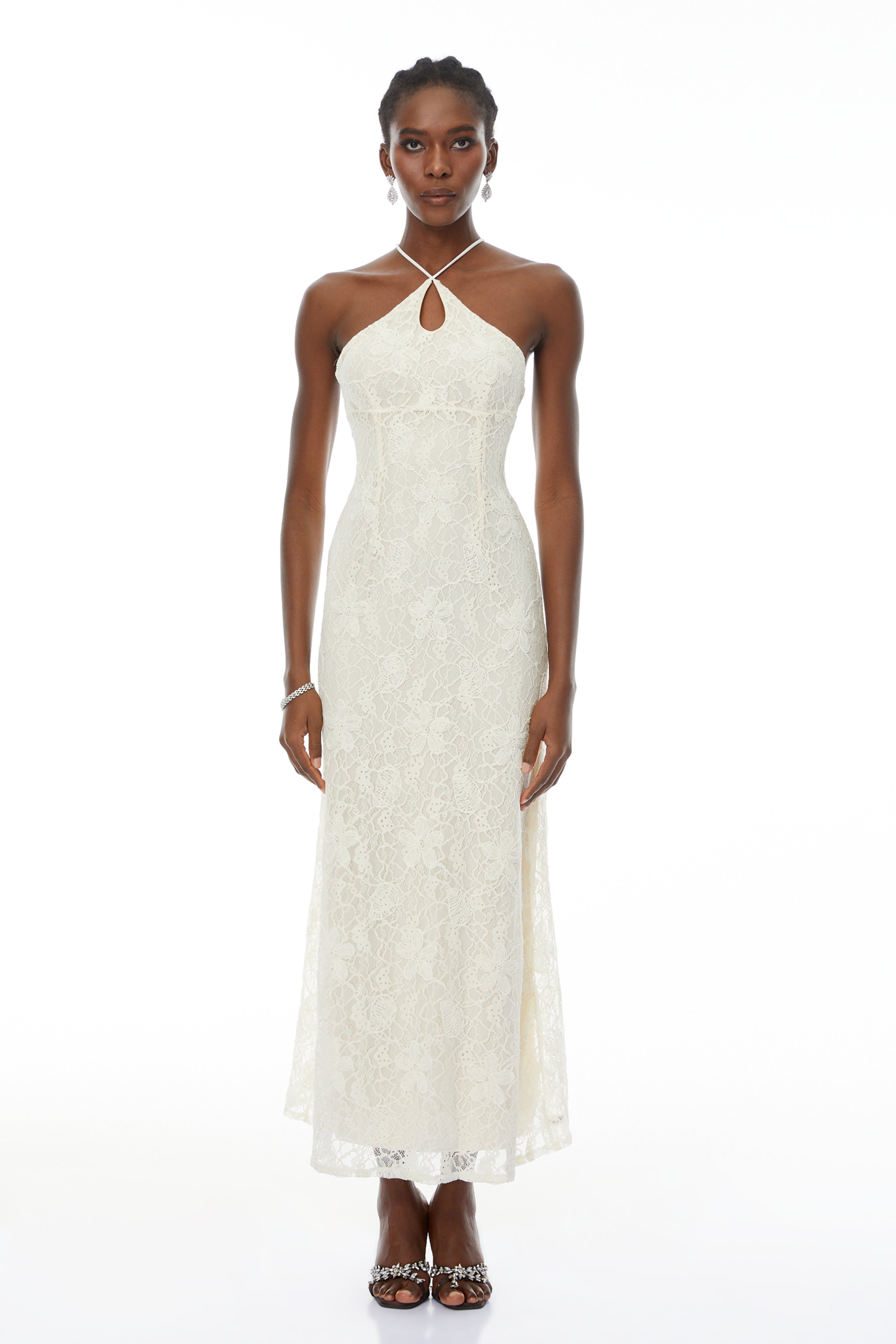 Milania White Halterneck Floral Lace Maxi Dress