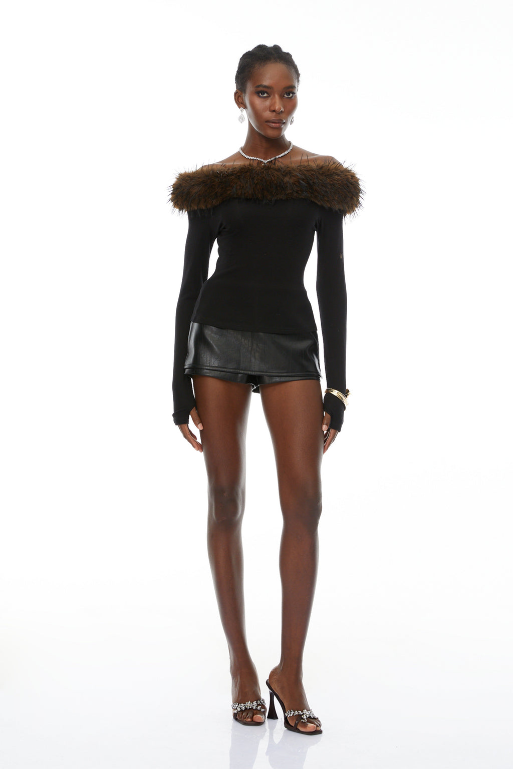 Livia Black Asymmetrical Fur Trim Blouse