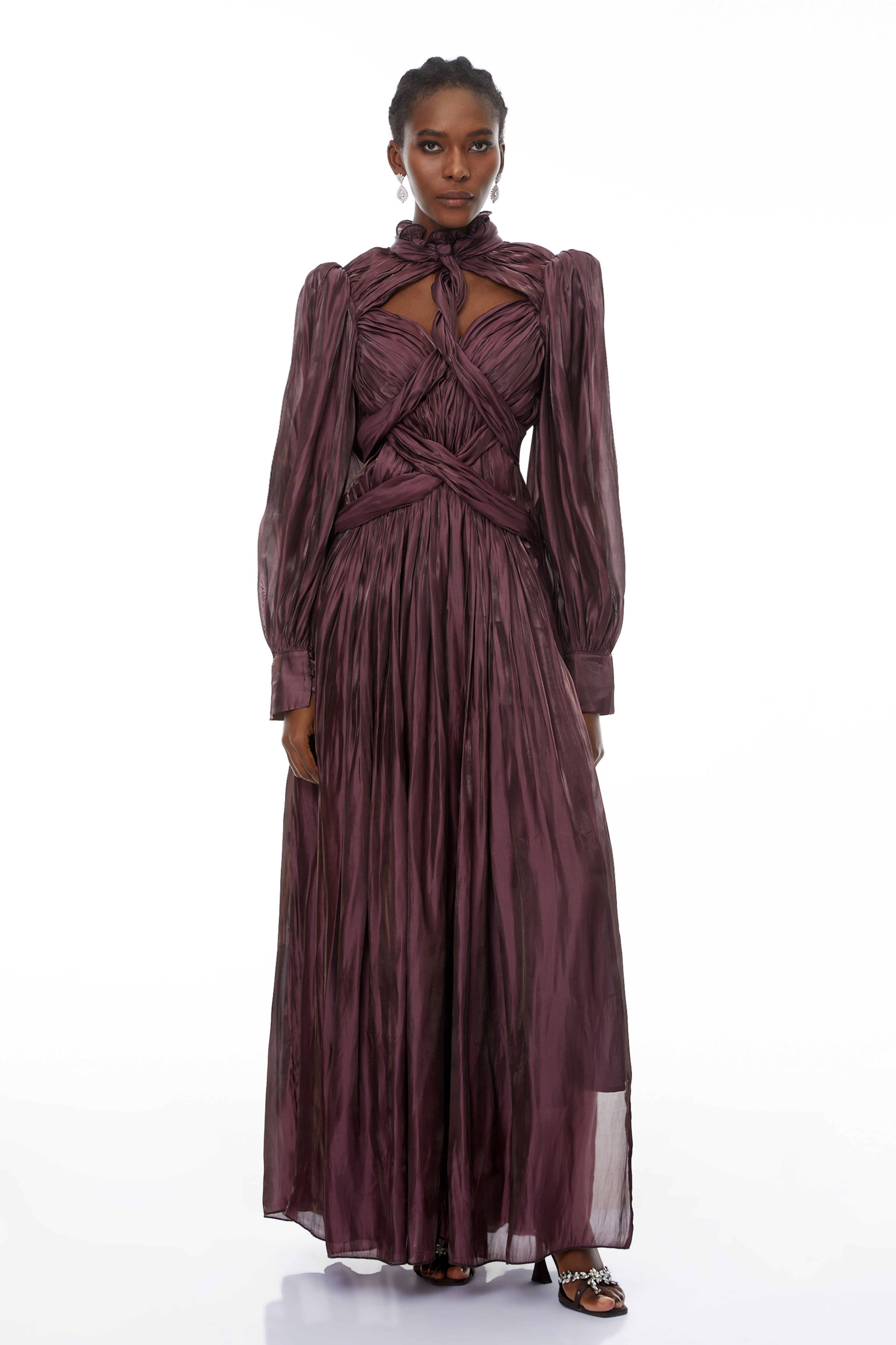 Sage Brown Crossed Design Maxi Dress