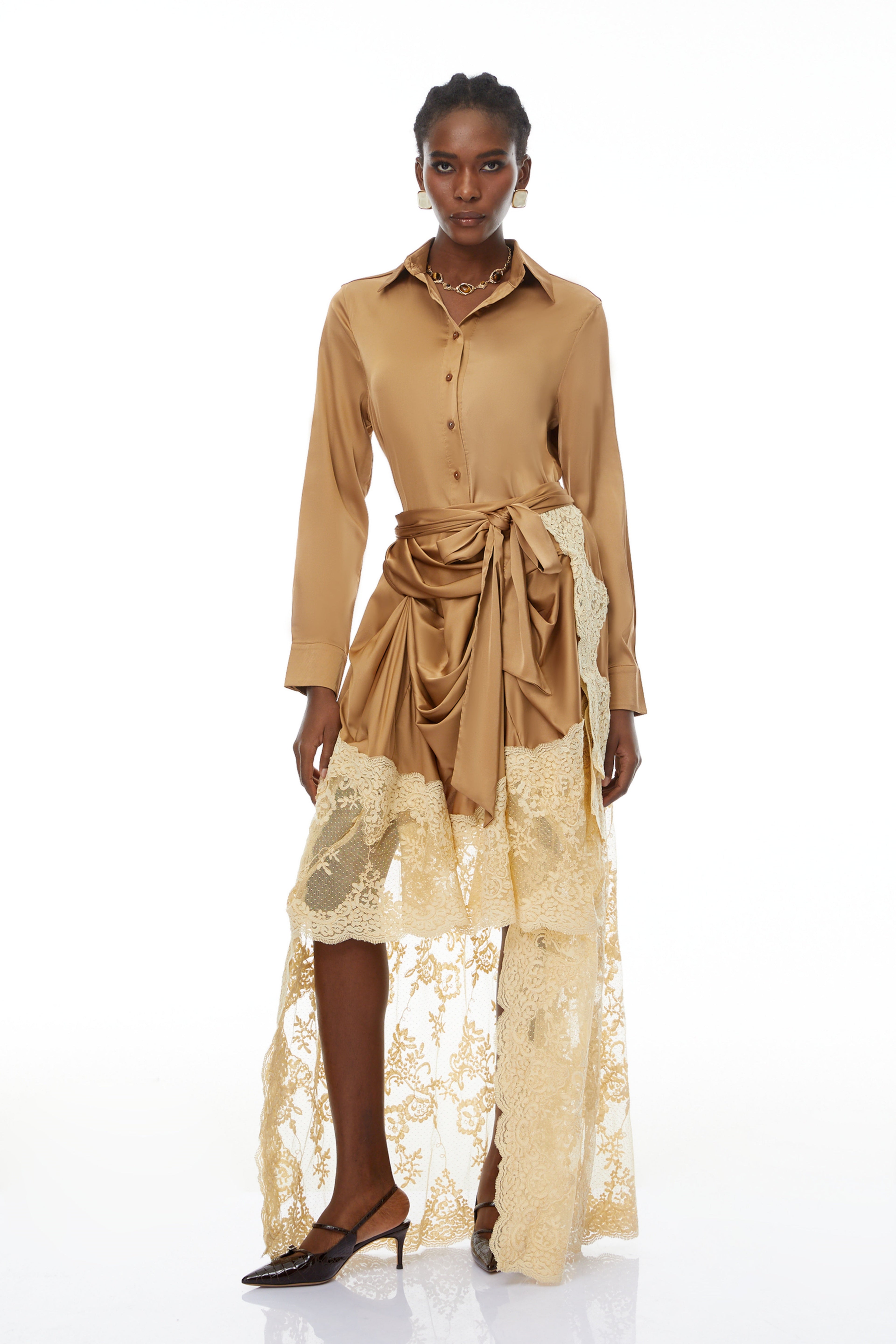 Pascale Brown Satin Shirt & Lace Skirt Set