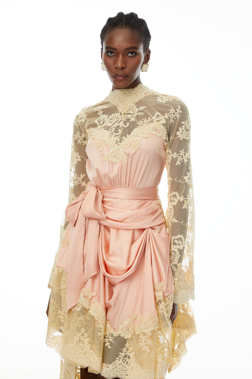 Francesca Pink Self-tie Lace Midi Dress